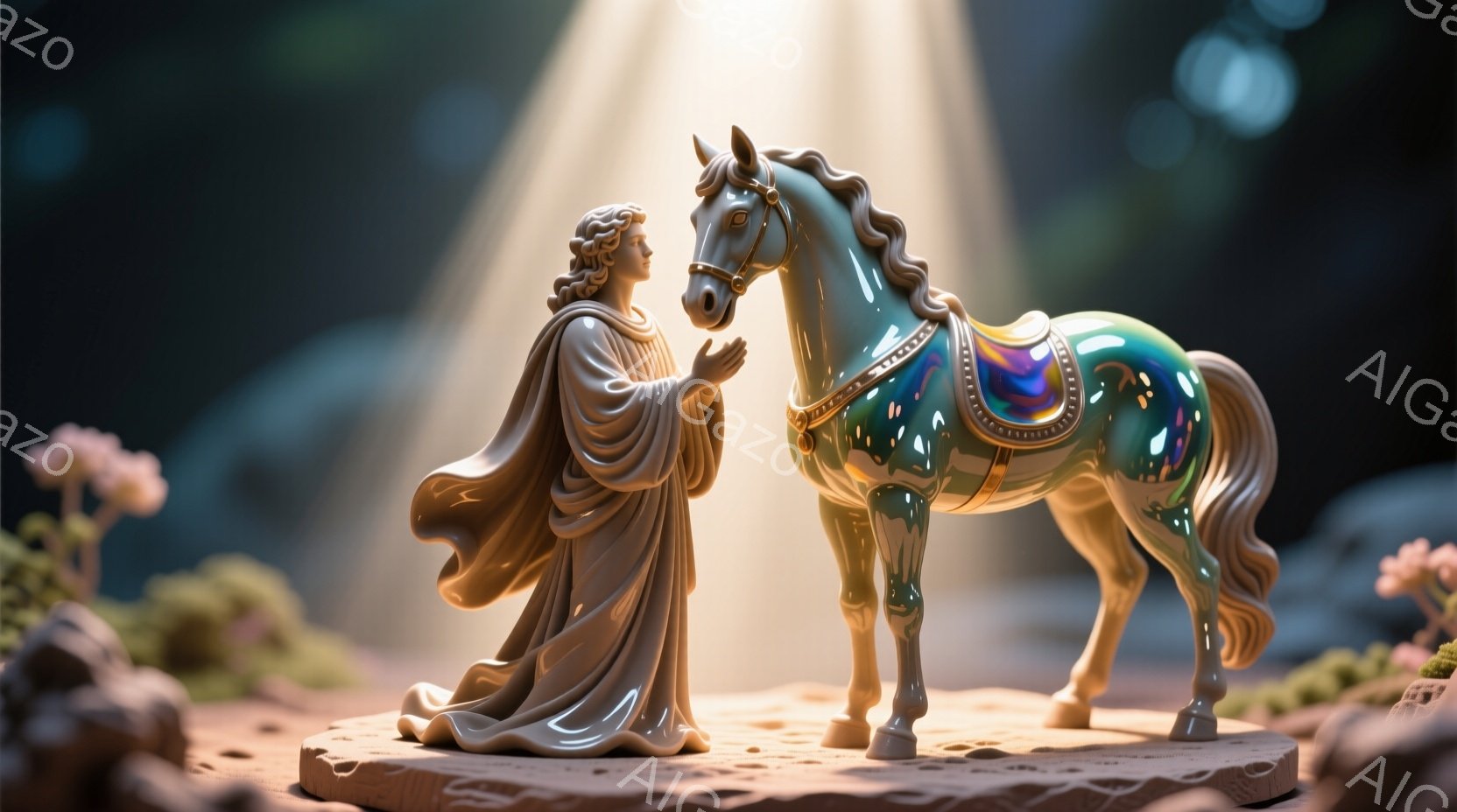 光沢のある陶器製の女性像が、虹色に輝く陶器製の馬と対峙している。女性は白く流れるようなローブを身に着け、髪は長く波打ち、穏やかな微笑みを浮かべている。二体は、苔むした岩盤のような台座の上に置かれ、背景にはぼやけた植物と、上から差し込む光線が神聖な雰囲気を醸し出している。