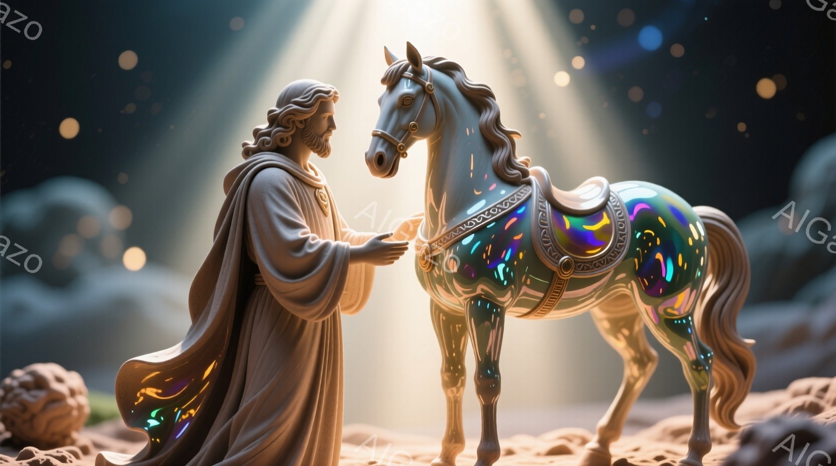 長い髪とひげを蓄えた男性が、ゆったりとしたローブを身につけて立っており、穏やかな表情で何かを語りかけているようだ。馬は虹色に輝く装飾が施され、複雑な模様の鞍を背負っている。背景は砂漠のような地面と、上 - AI生成フリー素材