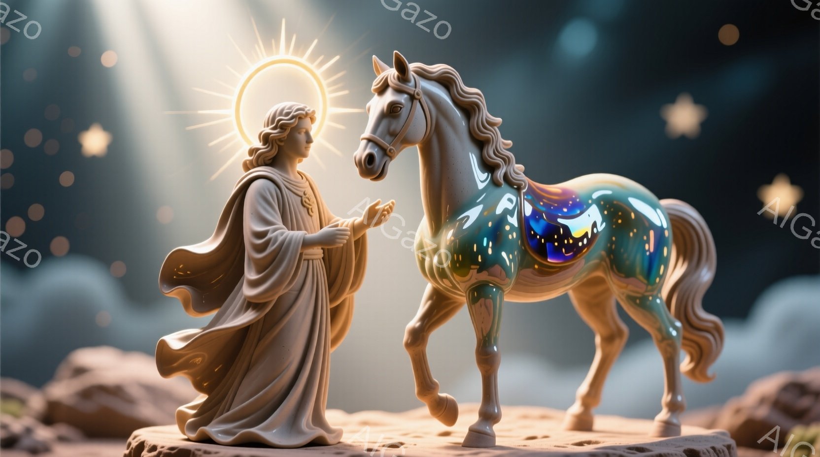 白く輝く肌の若い女性が、ゆったりとしたローブを身に着け、長く波打つ金髪を肩から垂らしています。彼女は手を広げ、優しく微笑んでいます。背景には、星空を模した模様が描かれた馬が立ち、岩場の上に置かれた台座の上で静かに佇んでいます。