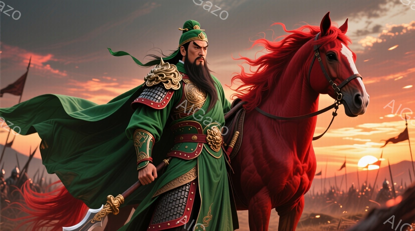 鮮やかな緑色の鎧と着物を身につけた武将が、赤毛の馬に跨っている。彼は長く黒い髪を後ろに垂らし、毅然とした表情で、まるで戦場を率いるかのようだ。背景には夕焼け空の下、多数の兵士と旗がぼやけて描かれており、激しい戦いの雰囲気が漂う。