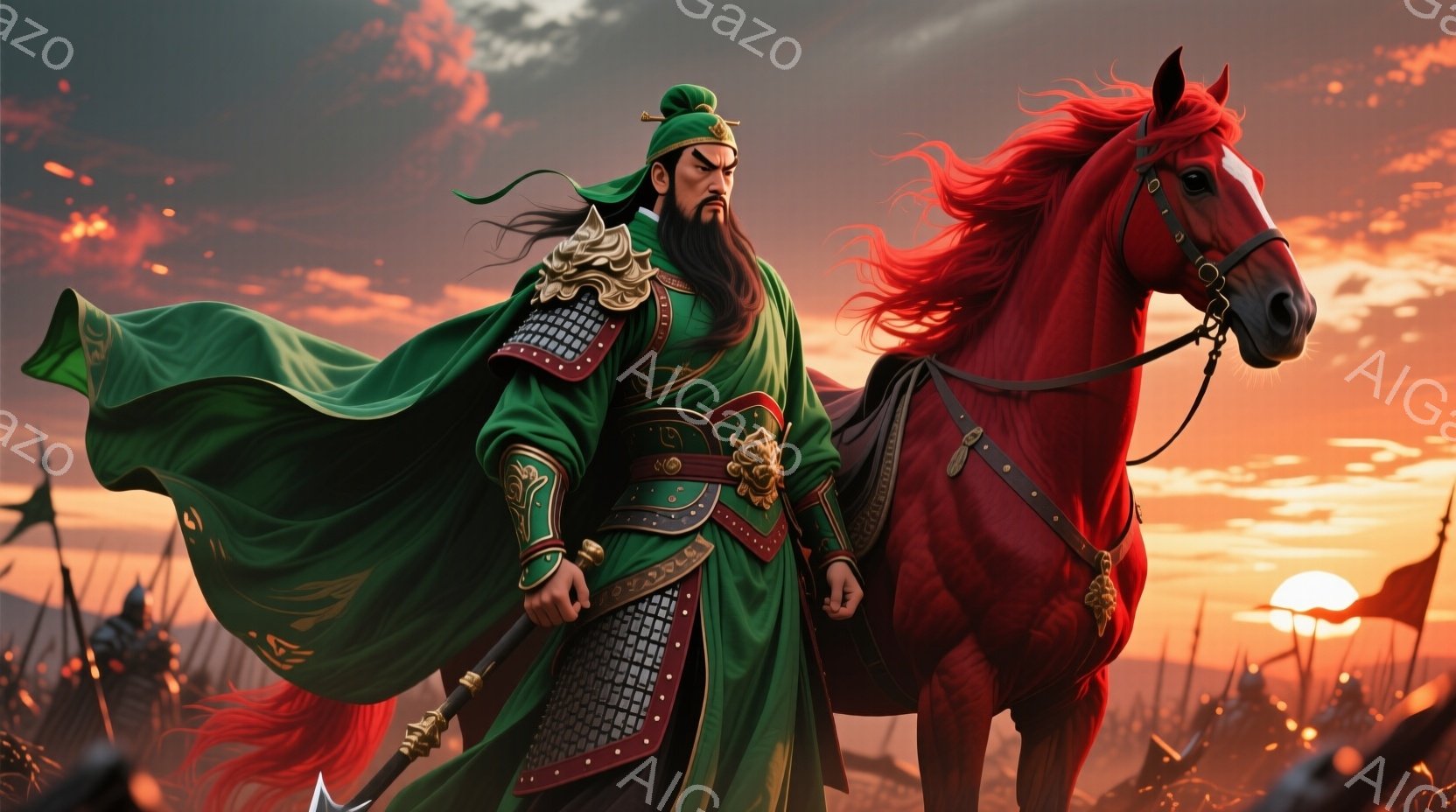 鮮やかな緑色の衣装を身につけた武将が、赤毛の馬に跨っている。彼は黒い長髪を後ろで束ね、毅然とした表情で槍を構え、戦場を率いるような威厳に満ちている。背景には夕焼け空の下、多くの旗や兵士たちが描かれ、激しい戦いの雰囲気が漂う。