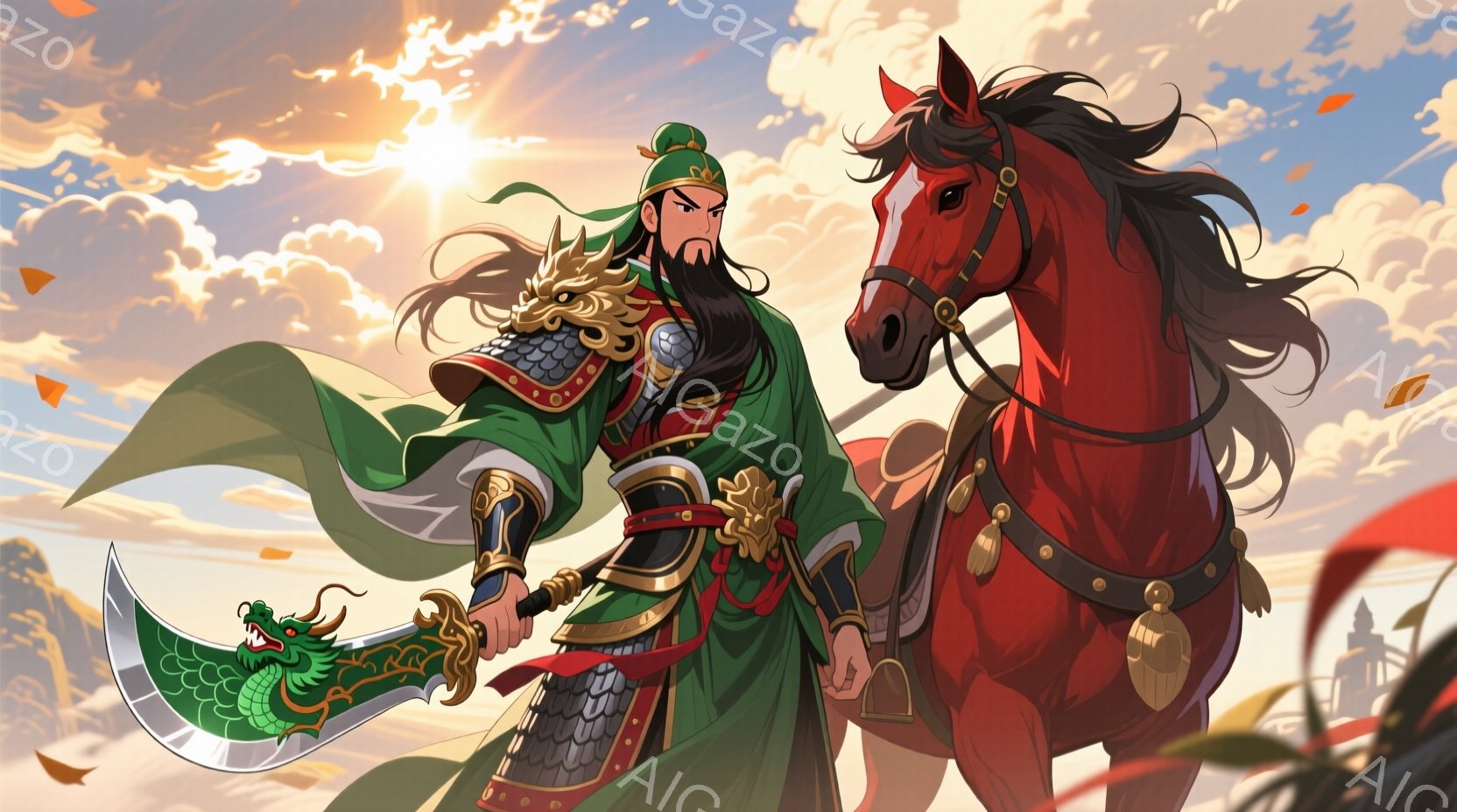 鮮やかな緑色の袍をまとった武将が、巨大な鎌状の剣を構え、赤い馬に跨がっています。彼の長い髪と髭は風になびき、顔つきは毅然としており、戦いの決意が感じられます。背景には金色の夕焼けと、ぼんやりとした山並 - AI生成フリー素材