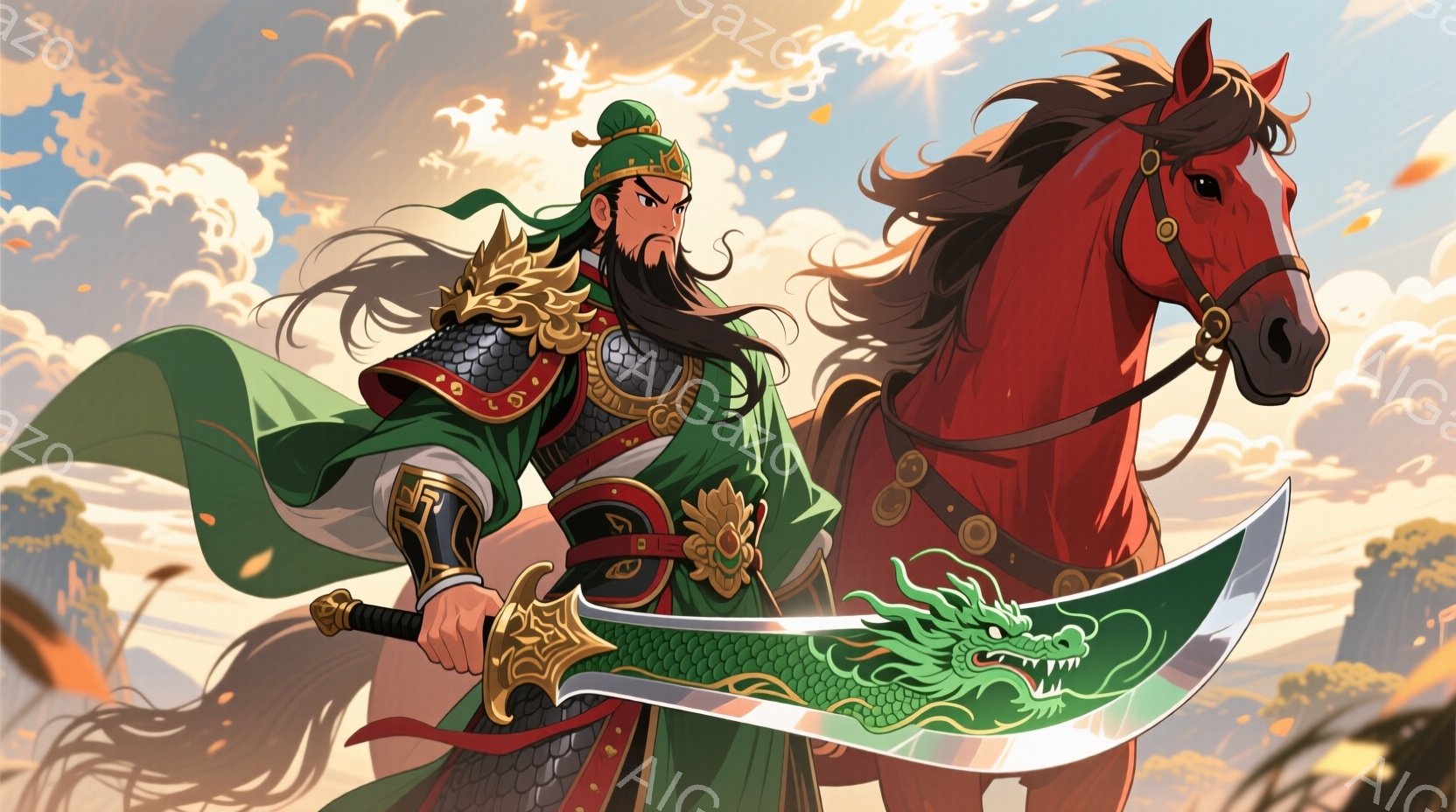 緑色の衣装を身につけた男性が、大きく鎌状の剣を構え、赤毛の馬に跨がっている。彼は長い黒髪を後ろで束ね、厳格な表情で前を見据えている。背景には山々と、夕焼けのような光が差し込み、力強く幻想的な雰囲気を醸し出している。