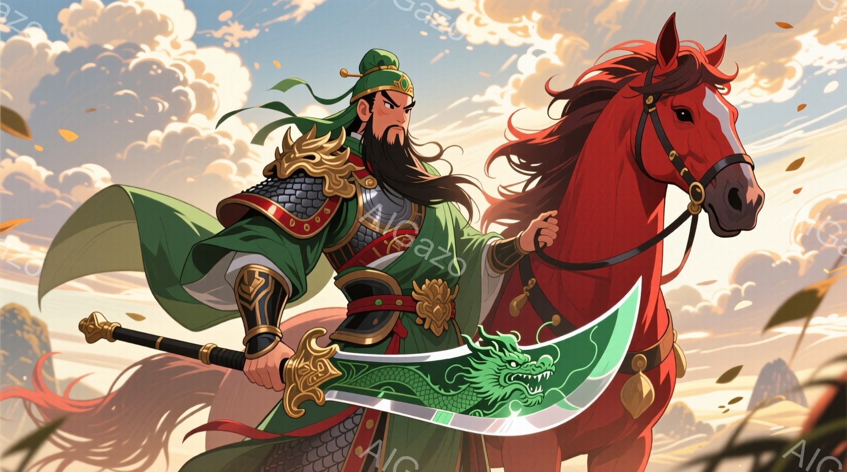 鮮やかな緑色の衣装を身につけた男性が、茶色の馬に跨っている。彼は長く黒い髪を後ろで束ね、力強い表情で大きな刀を構えている。背景には山々が霞み、空は雲に覆われ、まるで戦場のような壮大な雰囲気を作り出している。