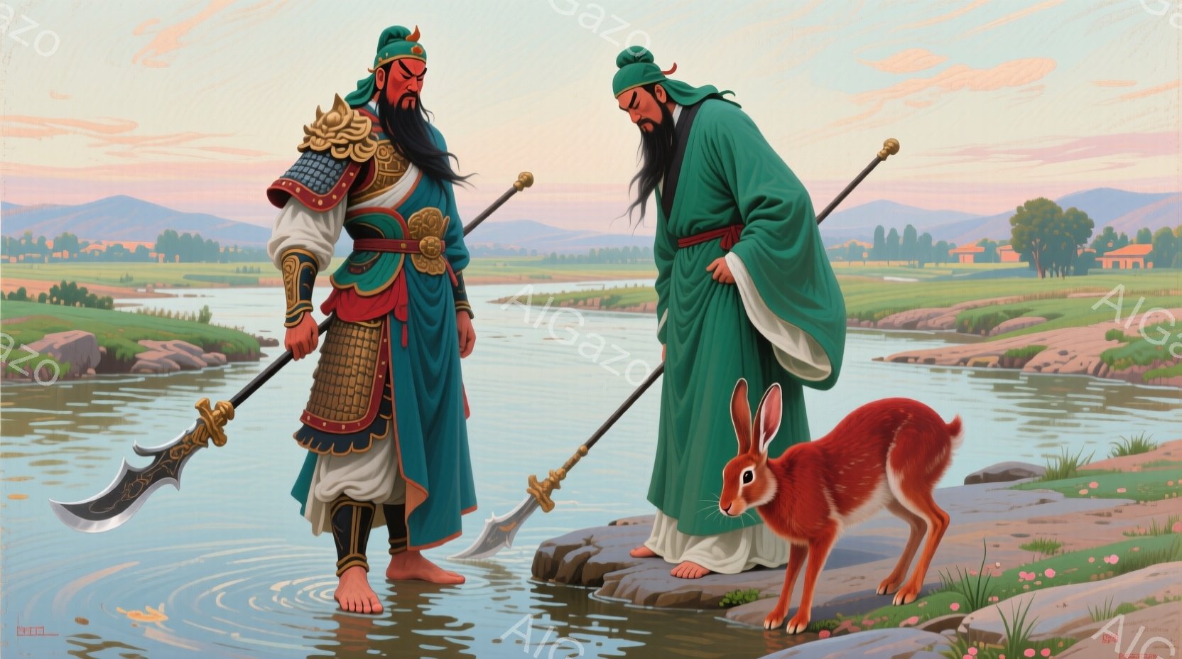 画面には、立派な鎧を着た赤い顔をした男性と、緑のローブをまとった白髪の男性が描かれています。彼らは浅い川の中に立っており、それぞれ長い槍のような武器を持っています。背景には緑豊かな風景が広がり、遠くに - AI生成フリー素材