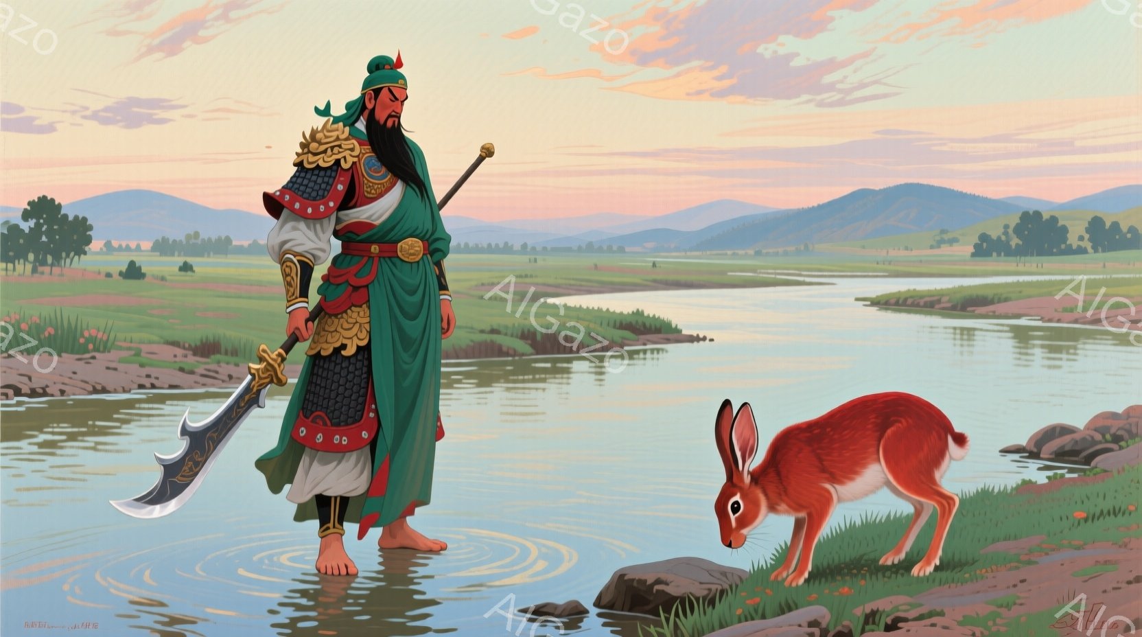 緑色の鎧と赤い装飾が施された武士が、浅い川の中に立っており、足元には水紋が見られます。彼は長い黒髪を後ろで束ね、鋭い眼差しで遠くを見つめており、手には大きな湾刀を持っています。背景には緑豊かな草原と川が広がり、遠くには山々が連なり、空は穏やかなピンクとオレンジ色に染まっており、静かで荘厳な雰囲気を醸し出しています。