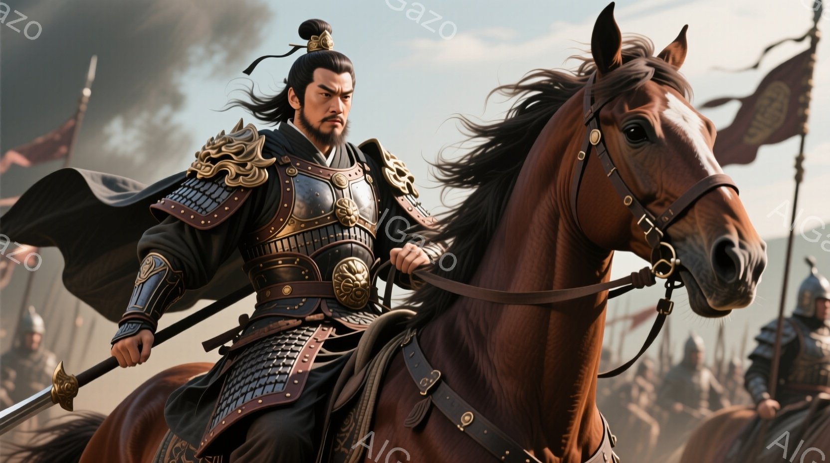騎兵は、豪華な装飾が施された鎧を身に着け、黒い髪を後ろで結い、威厳のある表情で前進しています。彼は馬に乗り、剣を構え、戦場を率いるかのような力強い姿勢を示しています。背景には兵士たちが密集し、ぼんやりとした山々が見え、全体的に激しい戦いの雰囲気を醸し出しています。