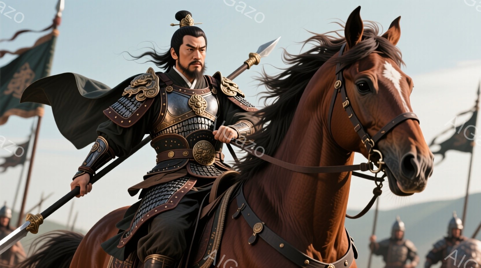 勇ましい武将が茶色の馬に乗り、戦場を疾走している。武将は黒い長髪を後ろで束ね、凝った装飾が施された鎧を身につけ、鋭い眼光で前を見据えている。背景には他の兵士たちが並び、遠くには山々が霞んでおり、全体的に激しい戦いの雰囲気が漂っている。