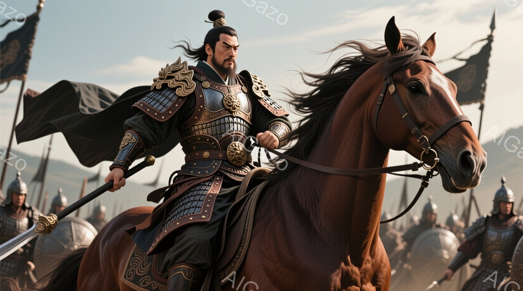 鎧を身につけた男性が茶色の馬に乗り、戦場を疾走している。彼は黒い髪を後ろで束ね、威厳のある表情で前方を見据えている。背景には兵士たちが密集し、旗がはためき、戦いの激しさを物語っている。 - AI生成フリー素材