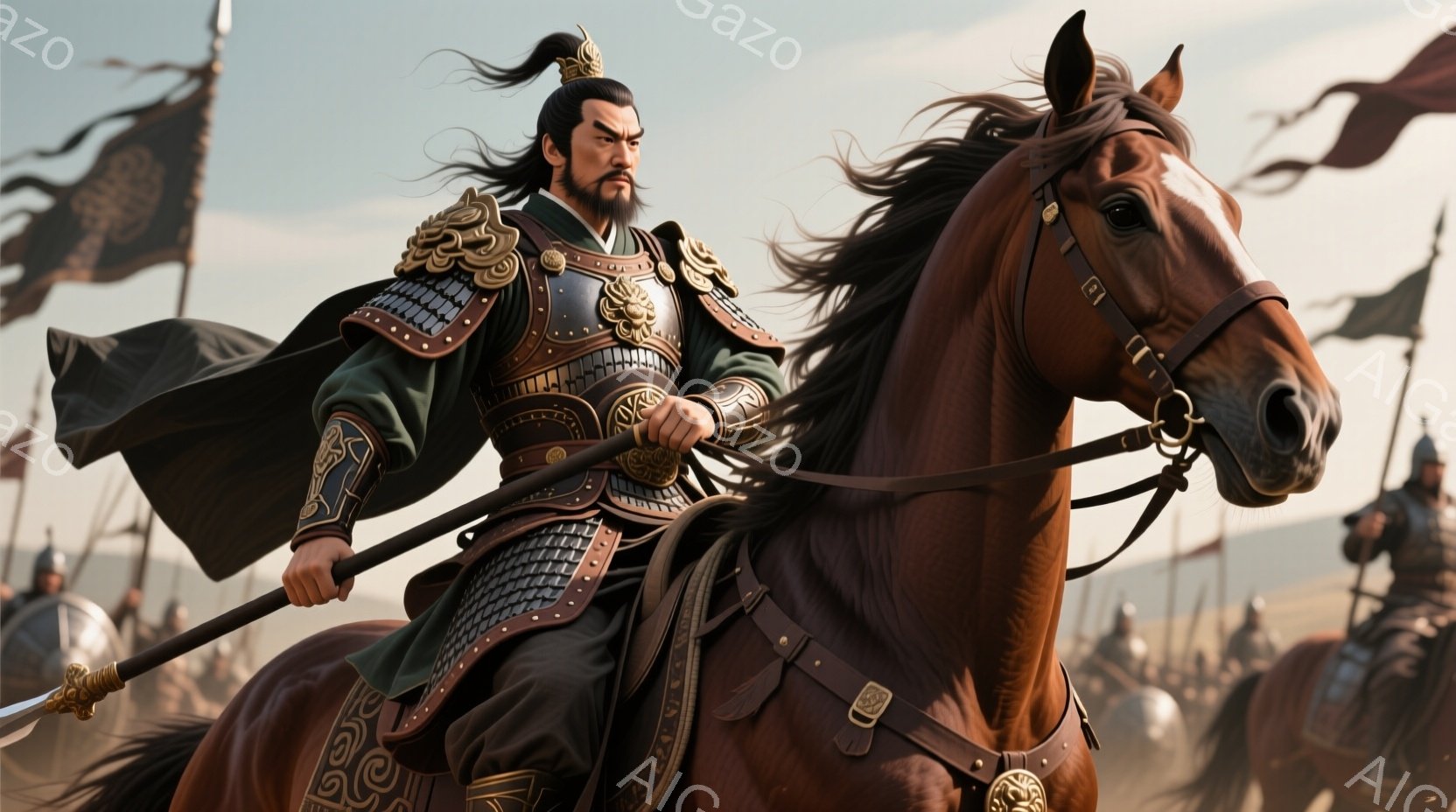 荒野を疾走する武将が描かれています。緑色の衣装に、複雑な模様の鎧を身に着け、黒髪を長く伸ばしています。彼の表情は真剣で、手に持つ槍と共に、戦場を駆け抜ける力強い姿が印象的です。