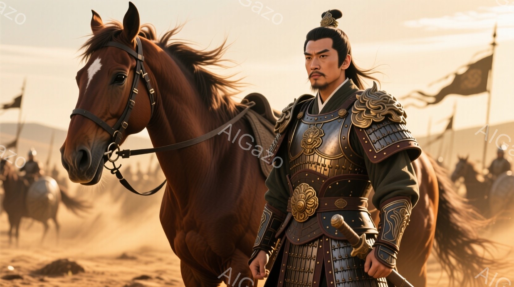 砂漠のような大地を背景に、甲冑を身につけた男性が馬に跨っている。男性は黒髪を後ろで束ね、毅然とした表情で遠くを見つめ、戦いの準備ができている様子である。背景には、旗を掲げた兵士たちが砂塵の中で見え、全体的に勇壮で力強い雰囲気を醸し出している。