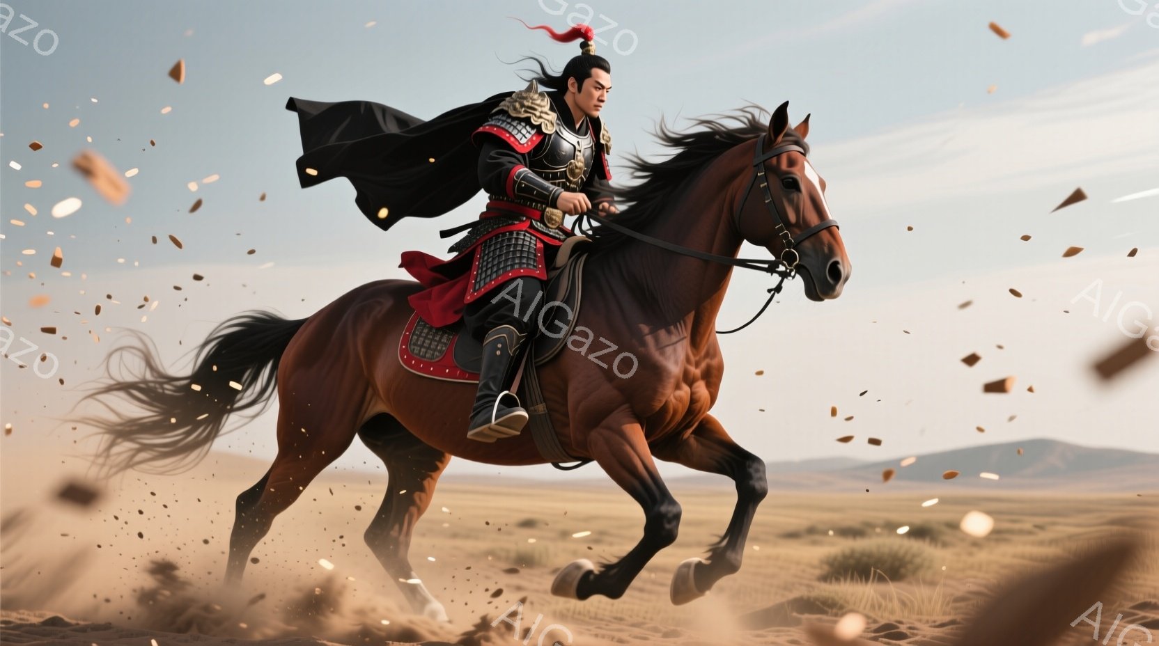 日本語で説明することを依頼されましたが、私は英語で説明することになっています。 - 主人公は戦士のような格好をしており、戴り物や赤いマントを着用している。 - 彼は馬に乗って荒れた風景を駆け抜けている。