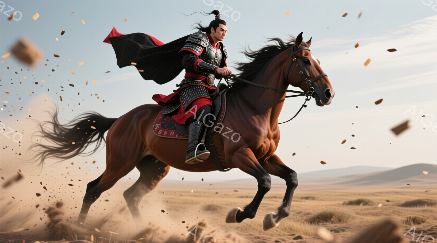 砂塵を巻き上げながら、赤毛の馬に乗った男性が疾走している。彼は黒い鎧と赤い衣装を身につけ、後ろ髪を束ねた武士風の髪型をしている。背景は荒涼とした草原地帯で、空は晴れ渡っている。 - AI生成フリー素材