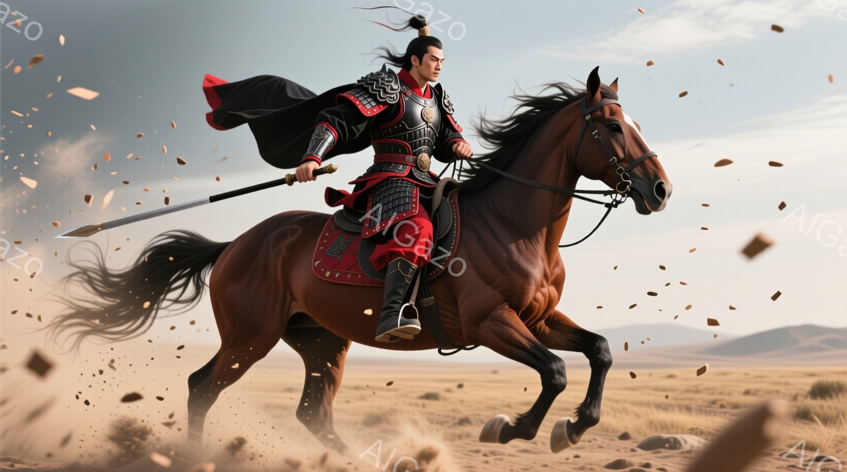 鮮やかな赤い鎧を身に着けた男性が、茶色の馬にまたがり疾走している。彼の髪は後ろで長く結ばれ、顔つきは凛々しく、戦いの準備ができているようだ。背景は砂漠の平原であり、埃が舞い上がり、馬の速さと力強さを強調している。