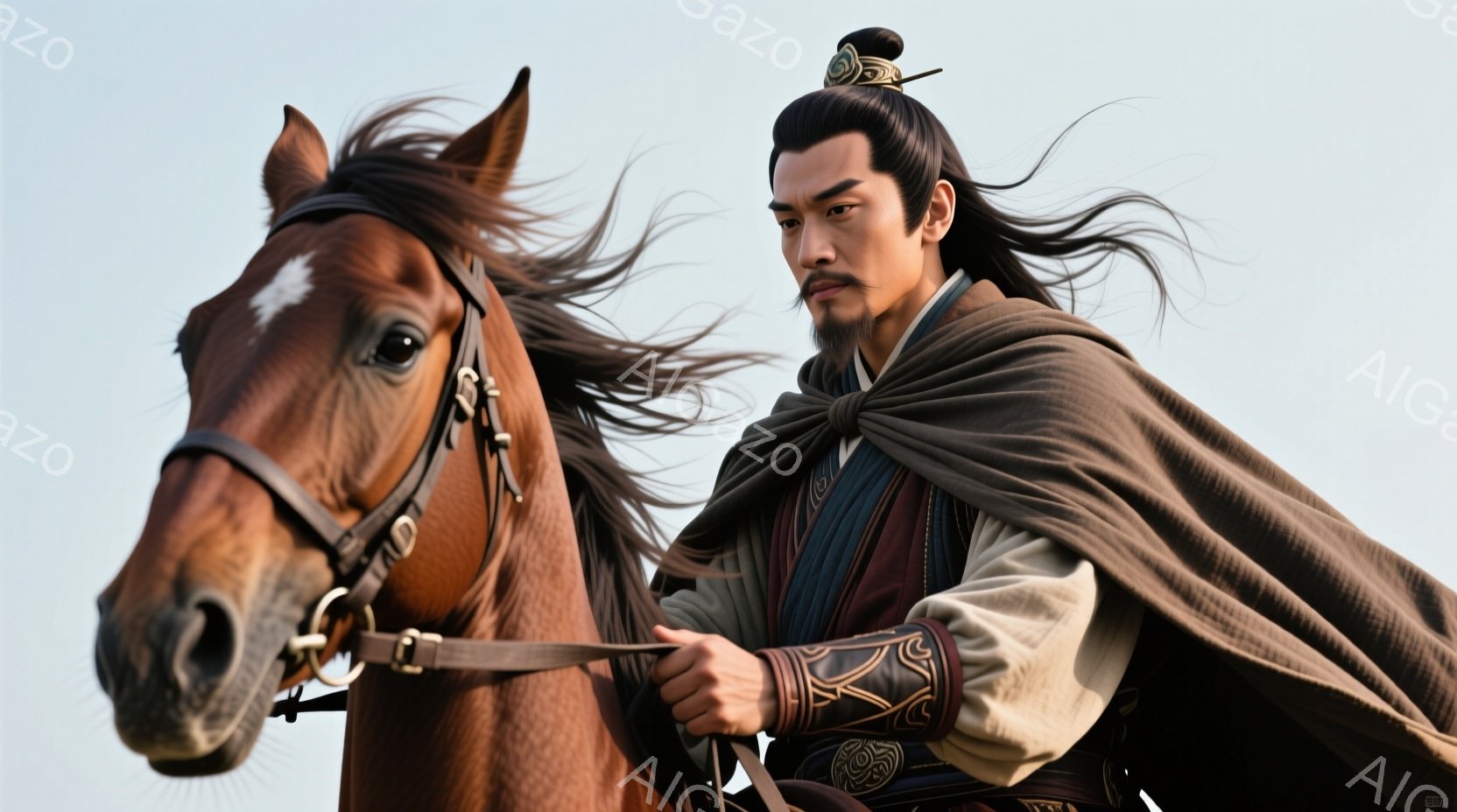 栗色の馬に乗った男性は、緑と茶色の衣装を身につけ、髪を高く結い上げています。彼は鋭い眼差しで前方を凝視し、決意に満ちた表情を浮かべています。背景は空が広がり、自然の風景が広がる草原で、全体的に力強く、冒険心をくすぐる雰囲気が漂っています。