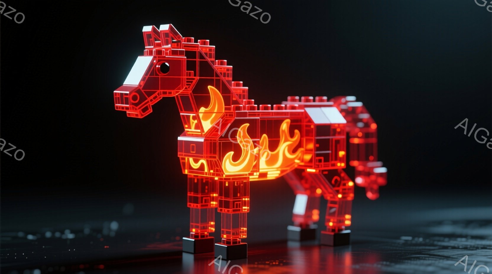鮮やかな赤色のブロックで構成された馬の彫刻が、暗い背景に浮かび上がっている。馬の側面には炎のような光が配置されており、躍動感と神秘的な雰囲気を醸し出している。台座は光沢のある黒で、馬のシルエットを強調している。