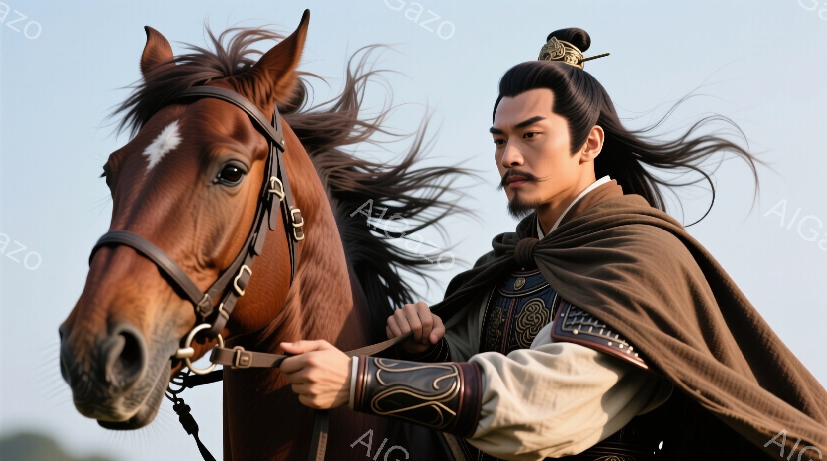 長い黒髪を風になびかせ、勇ましい表情の男性が描かれている。彼は豪華な装飾が施された鎧と明るい色のローブを身につけ、茶色の馬にまたがっている。背景にはぼやけた草原が広がり、晴れた空の下、力強く疾走するような躍動感が感じられる。