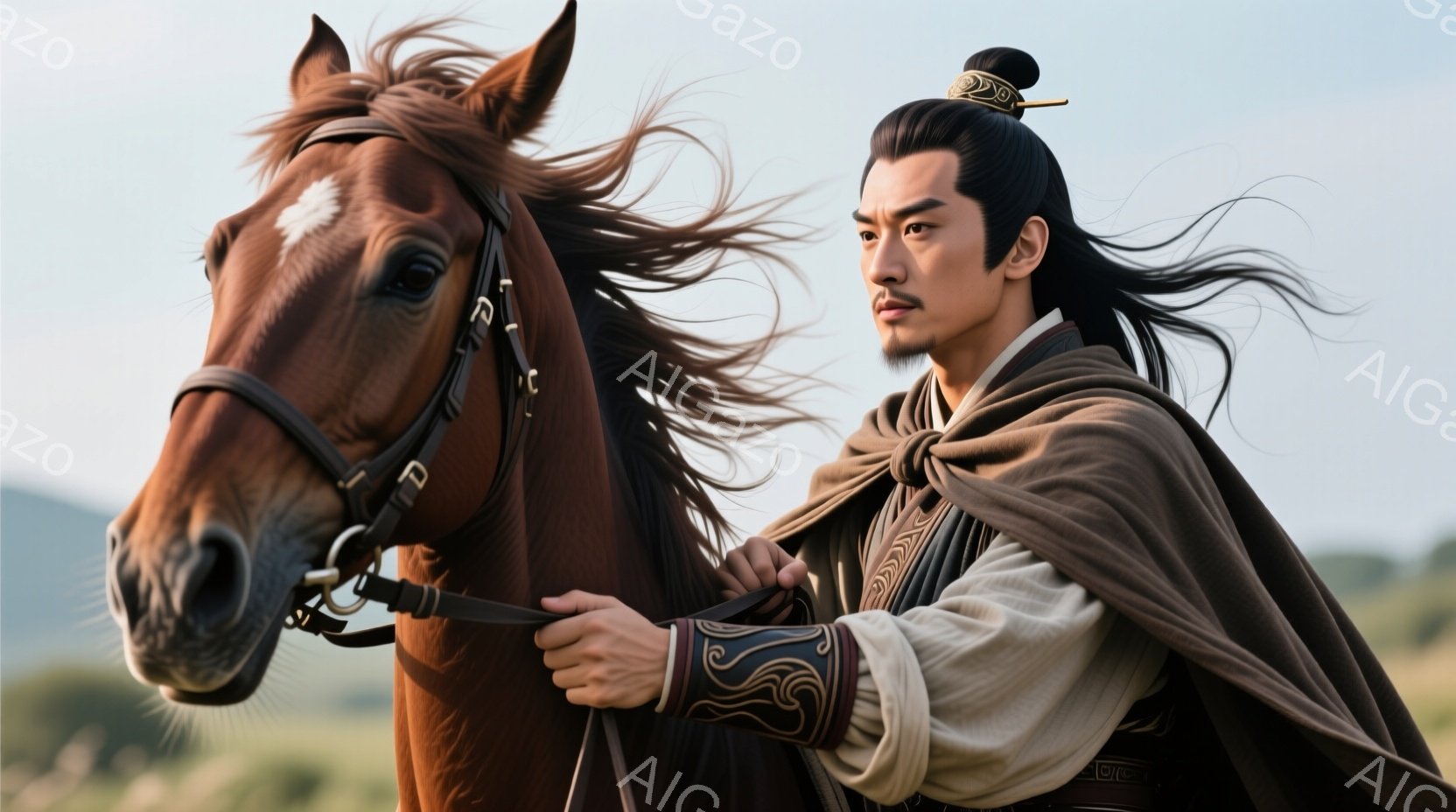 長い髪を後ろで束ねた男性が馬に乗っている。彼は淡い緑色の袍に茶色の外套を羽織り、顔つきは凛々しく、どこか憂いを帯びている。背景には緑豊かな草原と遠くの山々が広がり、天候は晴れで、全体的に古風で英雄的な雰囲気を醸し出している。