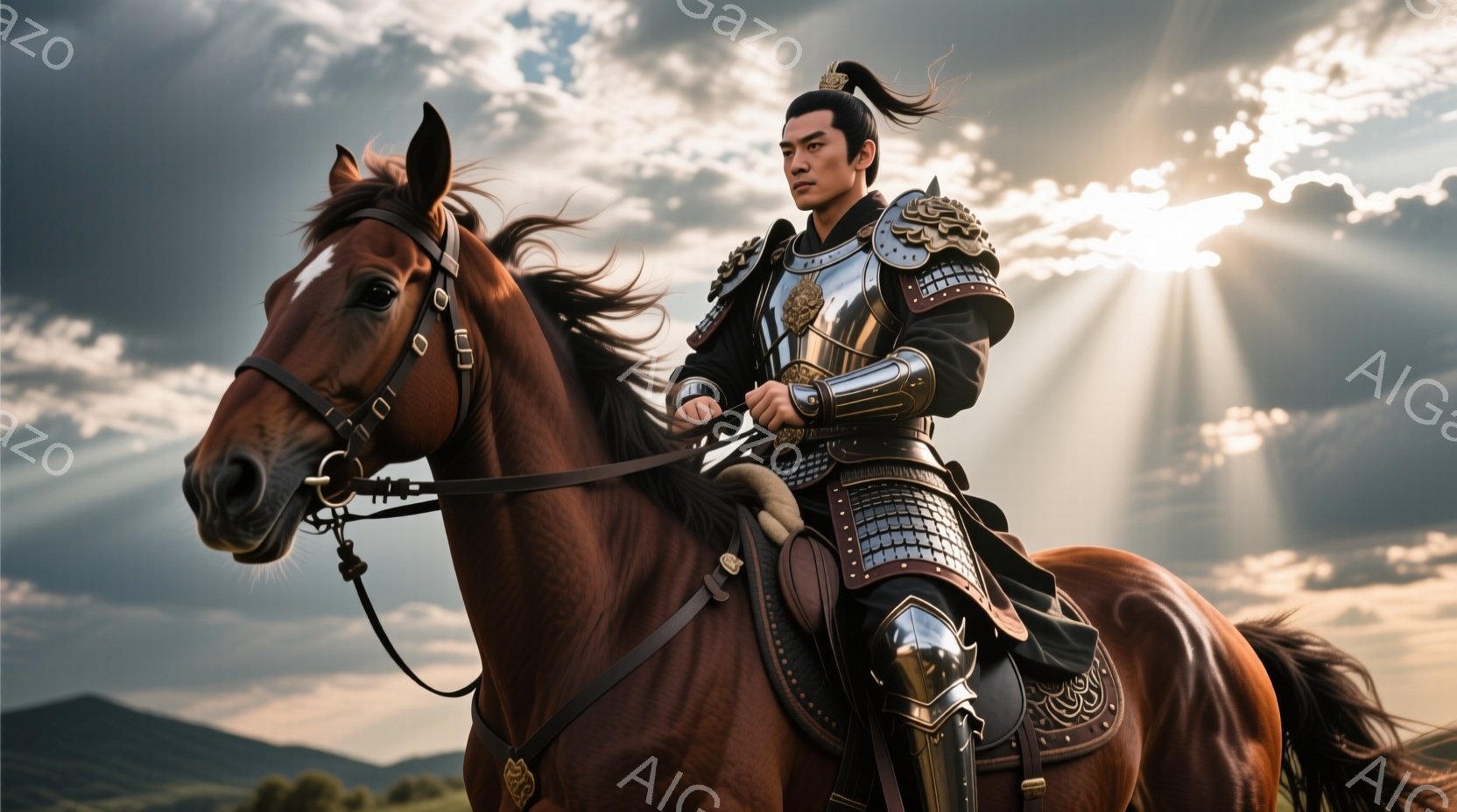 棕色の馬に乗った男は、黒と銀の鎧を身につけ、整った髪型を後ろで結んでいます。彼は顔つきは真剣で、遠くを見つめており、力強い印象を与えます。背景には緑の丘とドラマチックな雲があり、太陽光線が差し込み、壮大で英雄的な雰囲気を醸し出しています。
