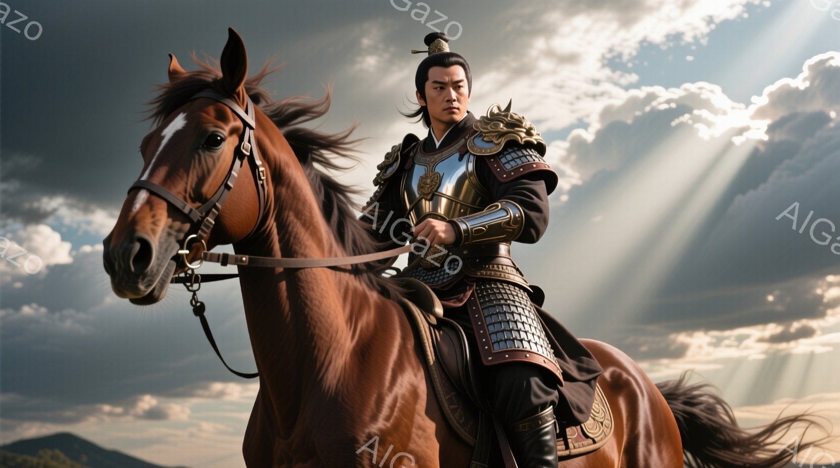 鮮やかな夕焼けを背景に、甲冑を身につけた男性が馬に乗っている。男性は黒い髪を後ろで束ね、厳格な表情で前方を凝視しており、戦への決意が感じられる。馬は赤褐色で力強く、夕焼けの光が馬の毛並みを照らし、壮大な雰囲気を醸し出している。