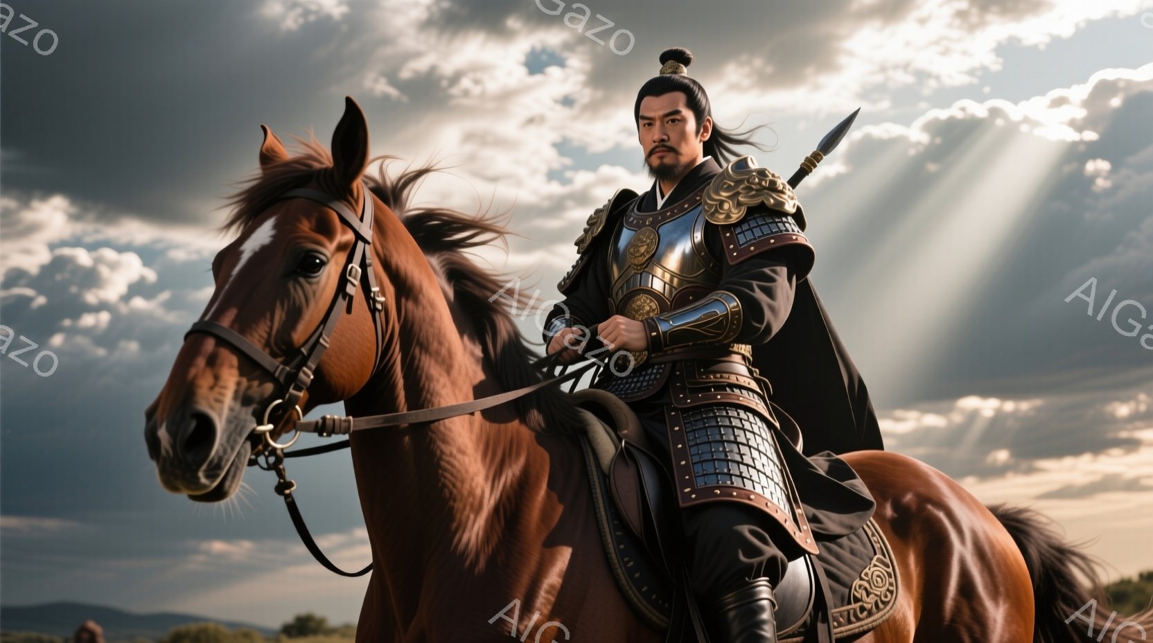 人物は日本の武士風装束を纏った男性。髪型はショートカット、表情は冷静なまま。馬に乗り、長い剣を持ち、左手で抱槌を振るう。背景は空と雲がある山や谷間。全体の雰囲気は古典的な日本の戦士の姿勢を表しています。