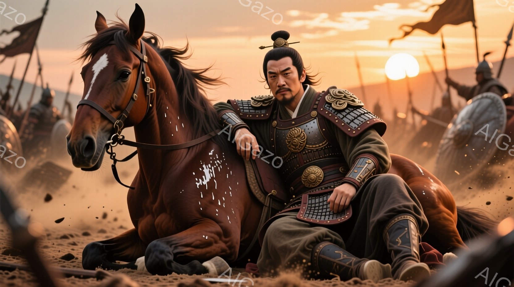 荒野を駆ける騎馬の武将が描かれている。金色の装飾が施された鎧を身につけ、黒髪を後ろで束ねた彼は、力強く前を見据えている。夕焼けに照らされた砂漠の風景と、遠くに見える兵士たちの姿が、激しい戦いの最中であることを示唆している。