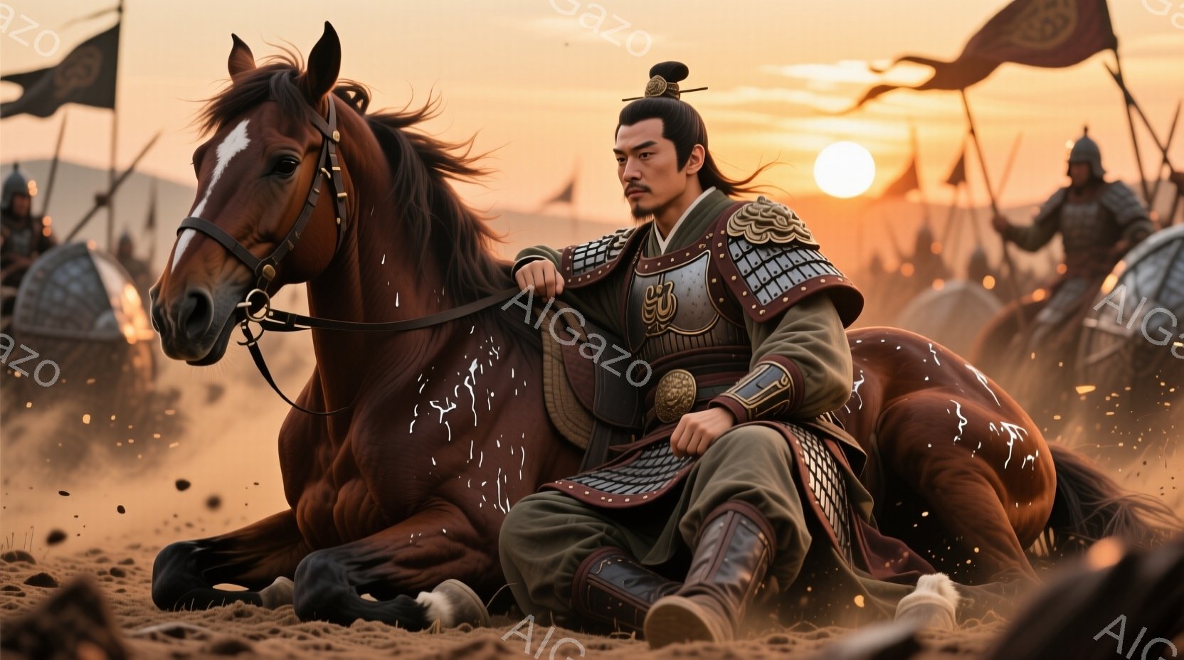 砂埃を巻き上げながら疾走する茶色の馬に、武将が乗っている。彼は緑と茶色の鎧を身につけ、髪を後ろで束ね、鋭い眼光で前を見据えている。背景には、夕焼けに照らされた砂漠と、多数の兵士と旗がぼんやりと見える。 - AI生成フリー素材