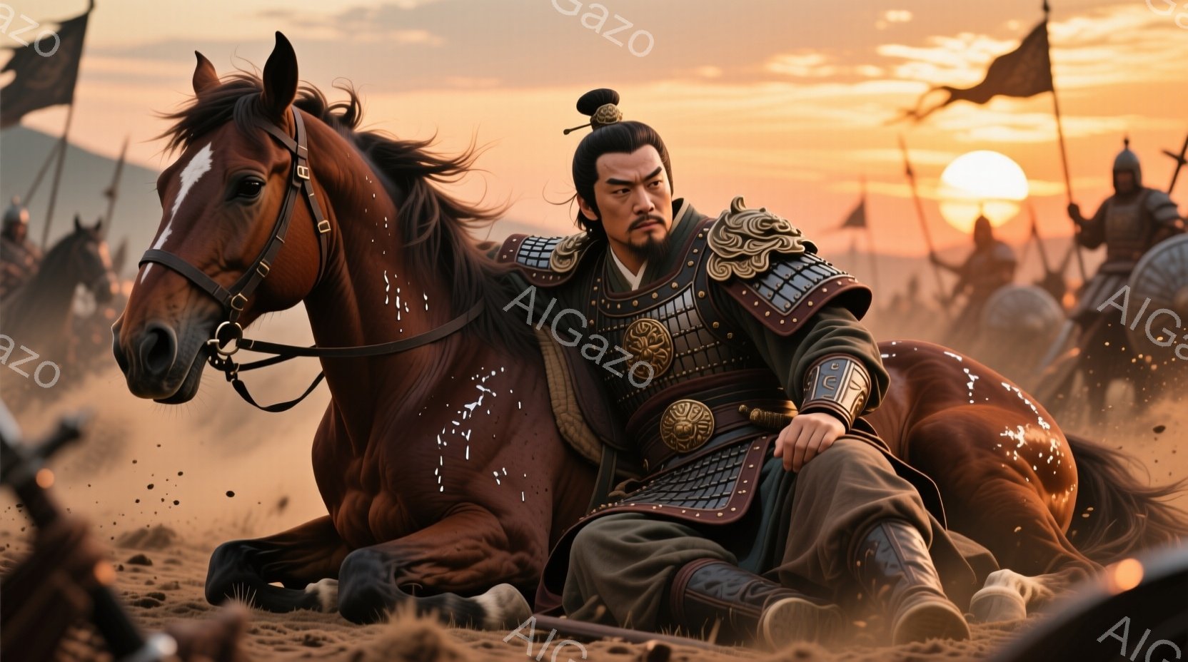 荒野を疾走する騎馬の武将が描かれている。武将は肩と胸に金色の装飾が施された鎧を身に着け、長髪を後ろで束ねている。背景には夕焼け空の下、他の兵士たちが馬に乗って進軍しており、激しい戦闘の雰囲気が漂っている。