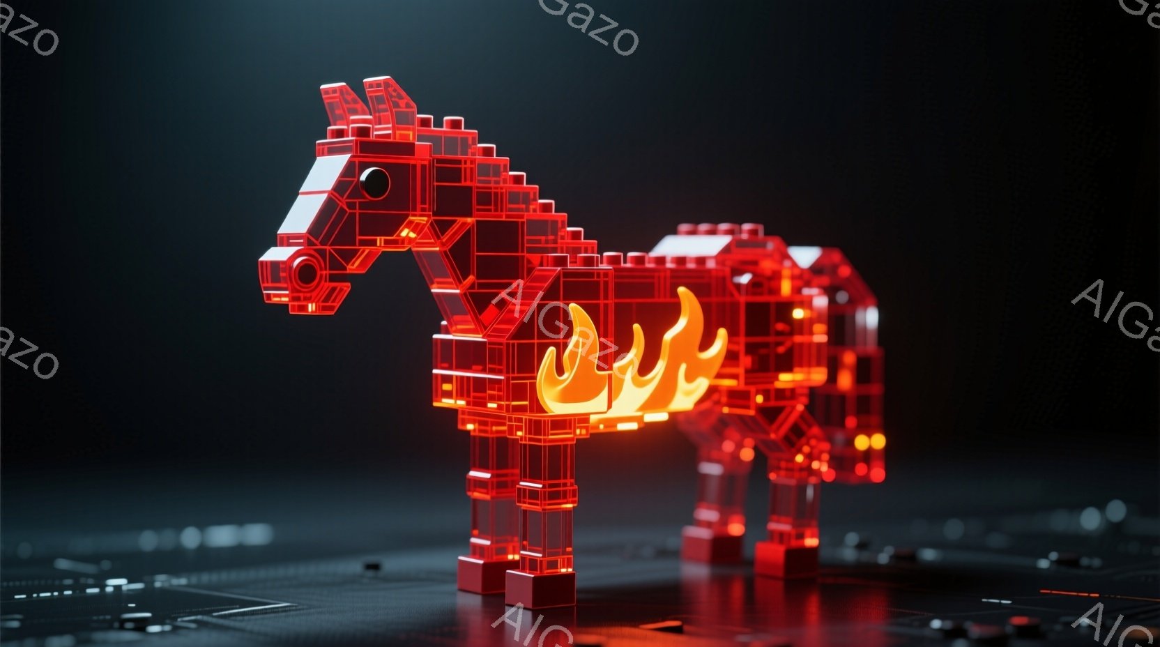 赤いレンガでできた馬の彫刻が描かれています。彫刻は透明感があり、内部から光が放射されています。馬の足元には炎が灯っており、現代的な回路基板の上に置かれています。