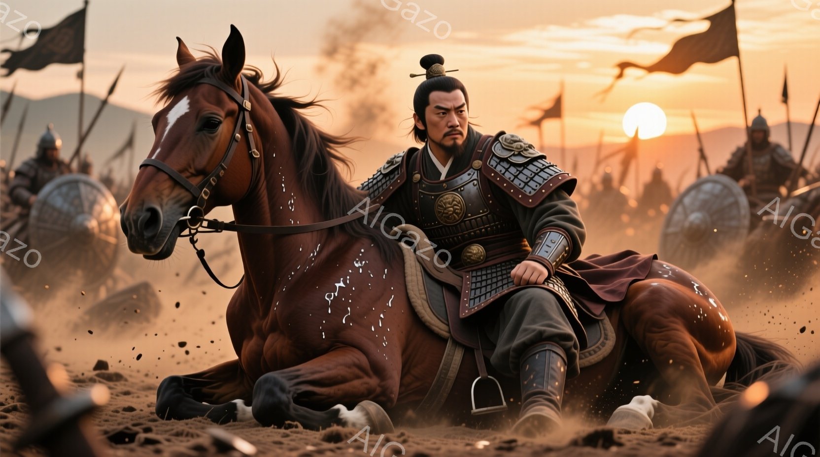 砂埃を巻き上げながら、武将が茶色の馬に跨っている。彼は、精巧な鎧と兜を身に着け、黒い髪を後ろで束ねた、威厳のある表情をしている。背景には、夕焼けに照らされた広大な平原と、遠くに配置された兵士たちの姿が確認でき、戦場の一場面を思わせる緊迫感ある雰囲気が漂っている。