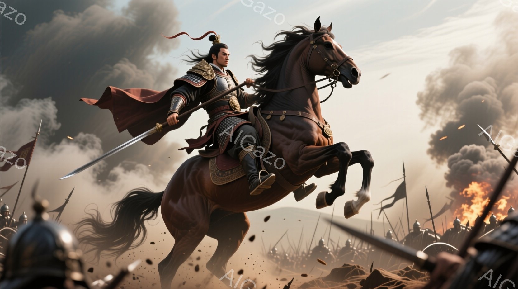勇敢な武将が茶色の馬に乗り、戦場を疾走している。赤い軍服と黒い鎧を身につけ、髪は後ろで結ばれているが、風になびいている。背景には兵士たちが密集し、炎が立ち上る戦場の様子が描かれ、激しい戦闘の雰囲気が漂っている。