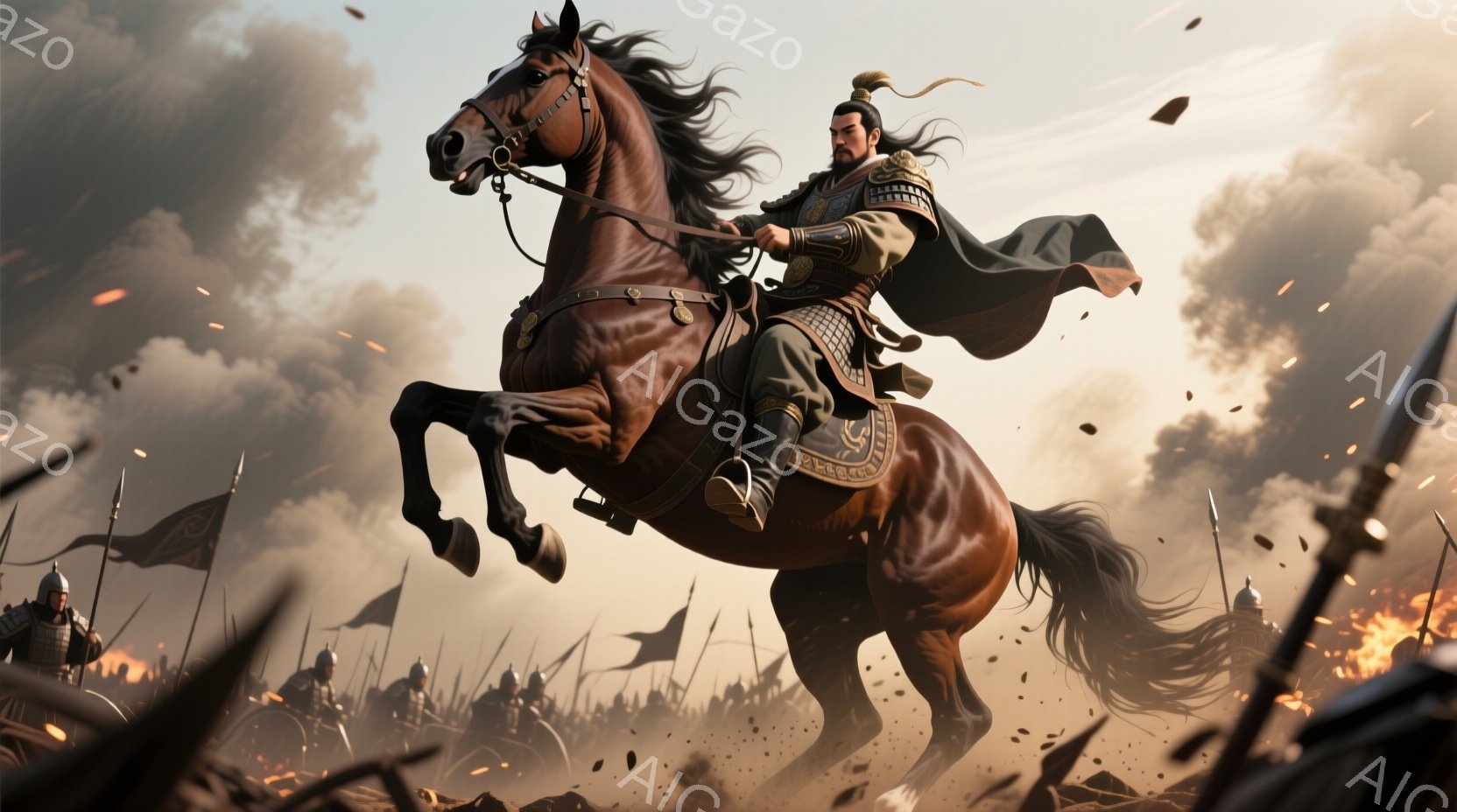鮮やかな戦場を駆ける武将が描かれています。彼は茶色の鎧を身につけ、黒い長い髪を後ろで結い、表情は決然としています。背景には、激しい戦闘の様子がうかがえ、煙と炎が立ち込め、多くの兵士たちが密集しています。