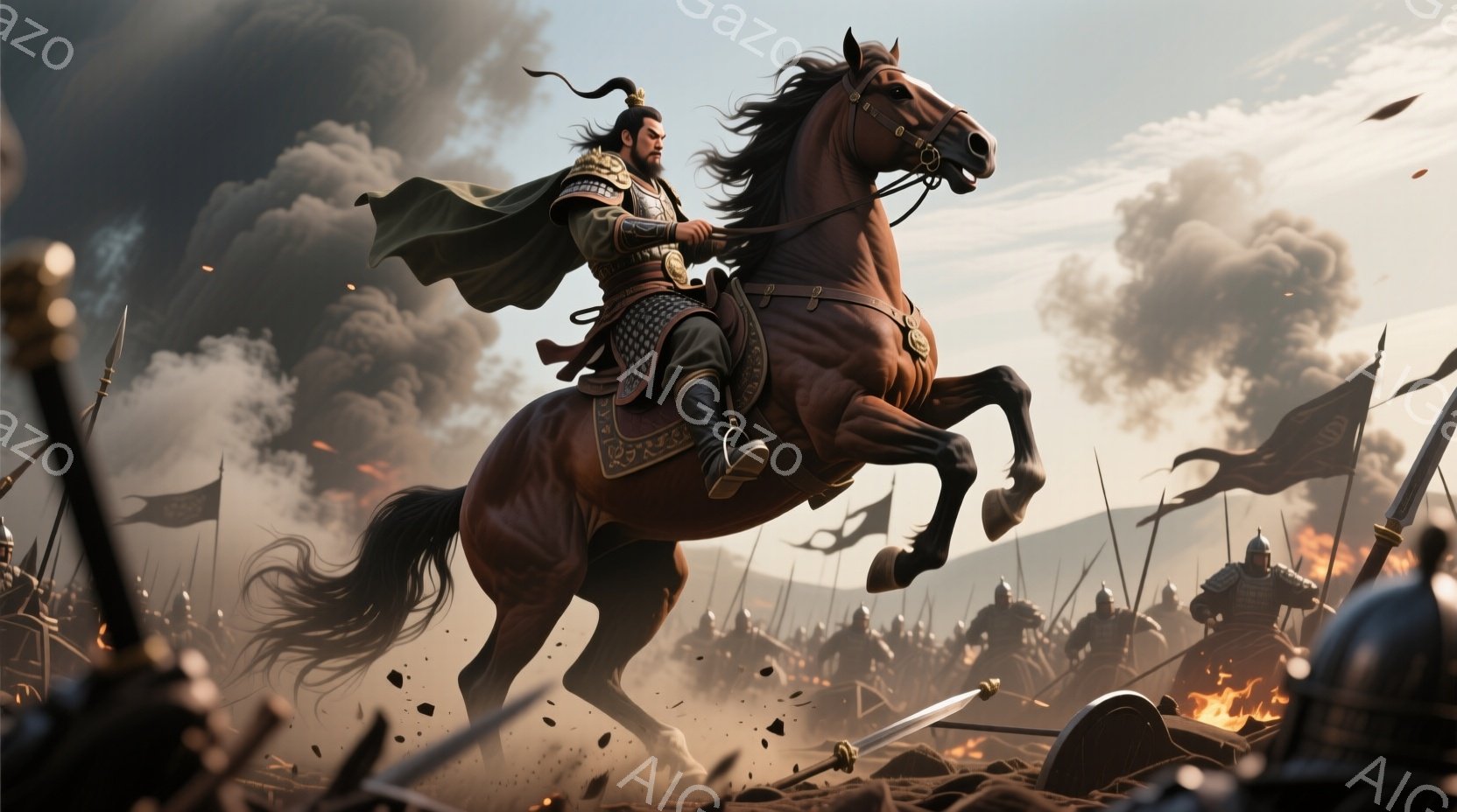 荒れ狂う戦場を疾走する一人の武将が描かれています。彼は黒髪を後ろで束ね、肩には豪華な装飾が施された鎧を身に着け、赤褐色の馬にまたがっています。背景には激しい戦闘で炎が上がり、多くの兵士たちが混戦を繰り広げている様子が、緊迫感と勇壮さを演出しています。