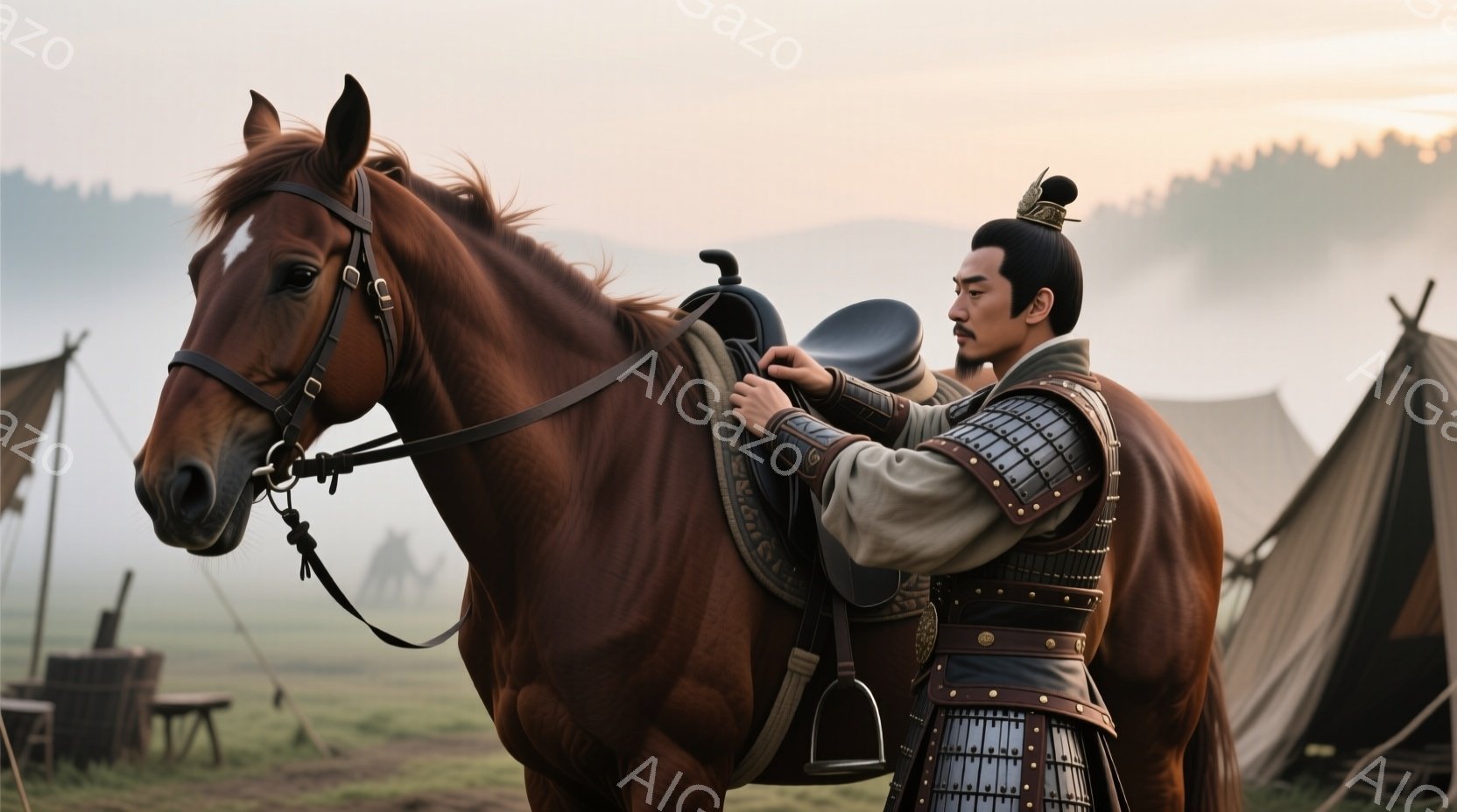 赤褐色の馬に身を乗せようとしている男性が描かれています。彼は伝統的な中国風の鎧を身につけ、頭には飾りをつけた束髪の髪型をしています。背景には、軍営のようなテントや木製の台、そして霞んだ遠景が広がっており、厳粛でありながらもどこか物憂げな雰囲気を醸し出しています。