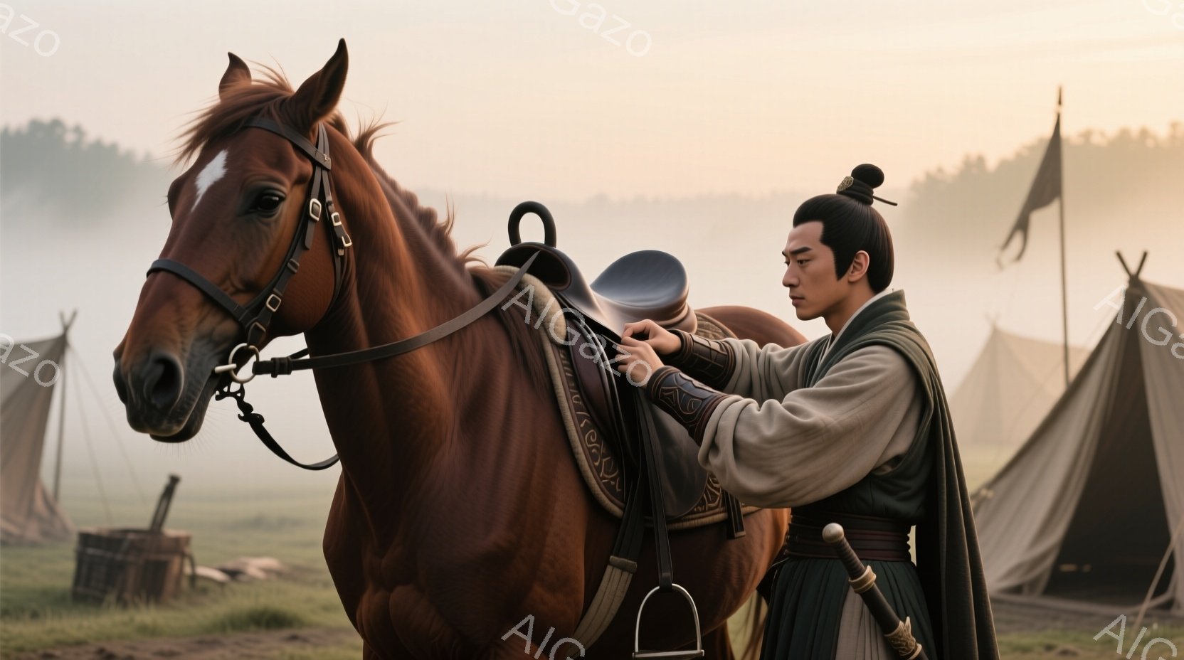 赤褐色の馬が画面の左側を占め、男性は馬に鞍を付けている。男性は伝統的な中国風の衣装を身につけ、髪を後ろで束ねており、真剣な表情で作業に集中している。背景には霧がかった草原といくつかの白く簡素なテントが広がっており、全体的に静かで歴史的な雰囲気を醸し出している。