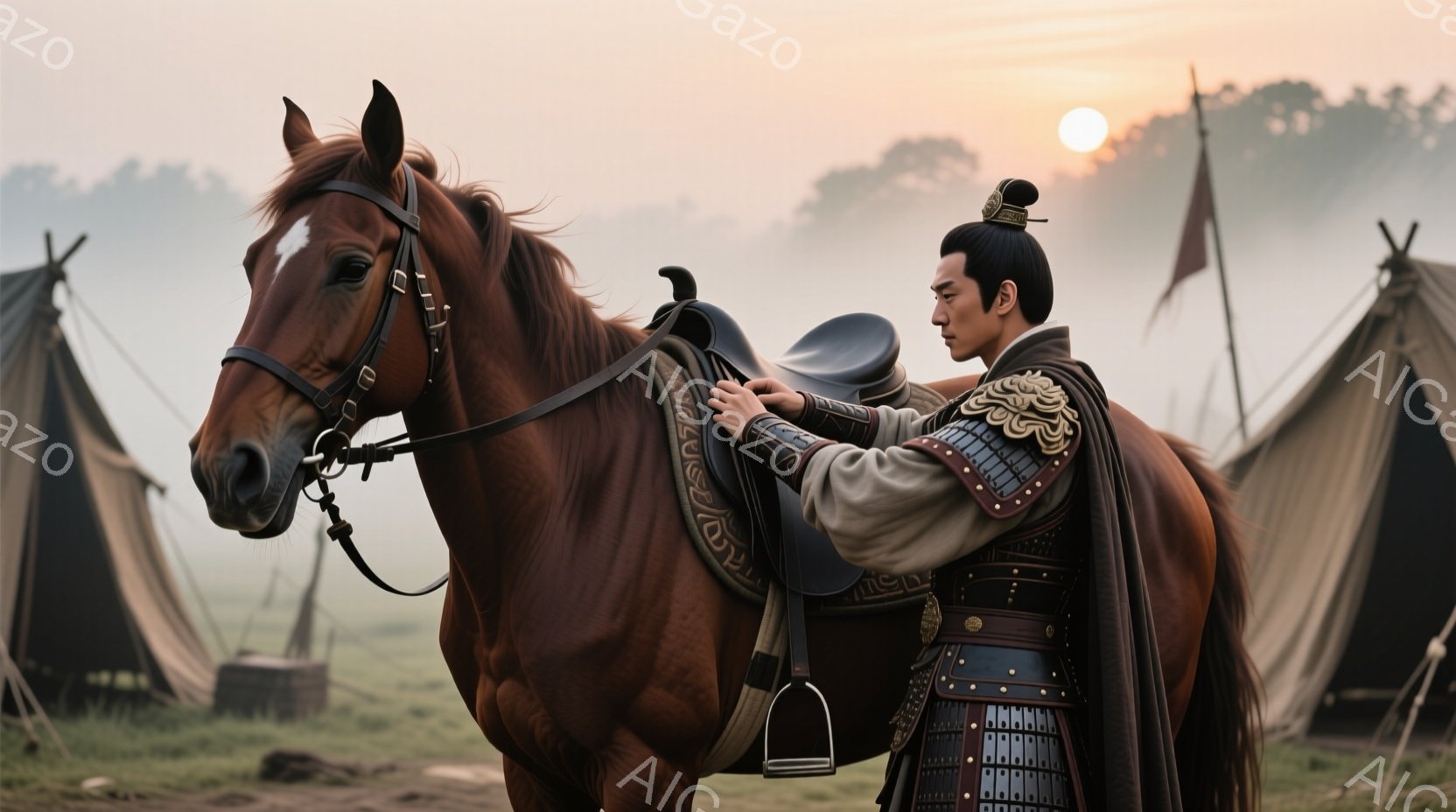 赤褐色の馬に乗った男性が描かれている。彼は、金色の装飾が施された黒い鎧、淡いベージュ色の着物のような上着、そして黒い髪を後ろで束ねた独特の髪型をしている。背景には、薄暗い夕焼けと、いくつかのテントが並び、全体的に厳かで、歴史的な雰囲気を感じさせる。