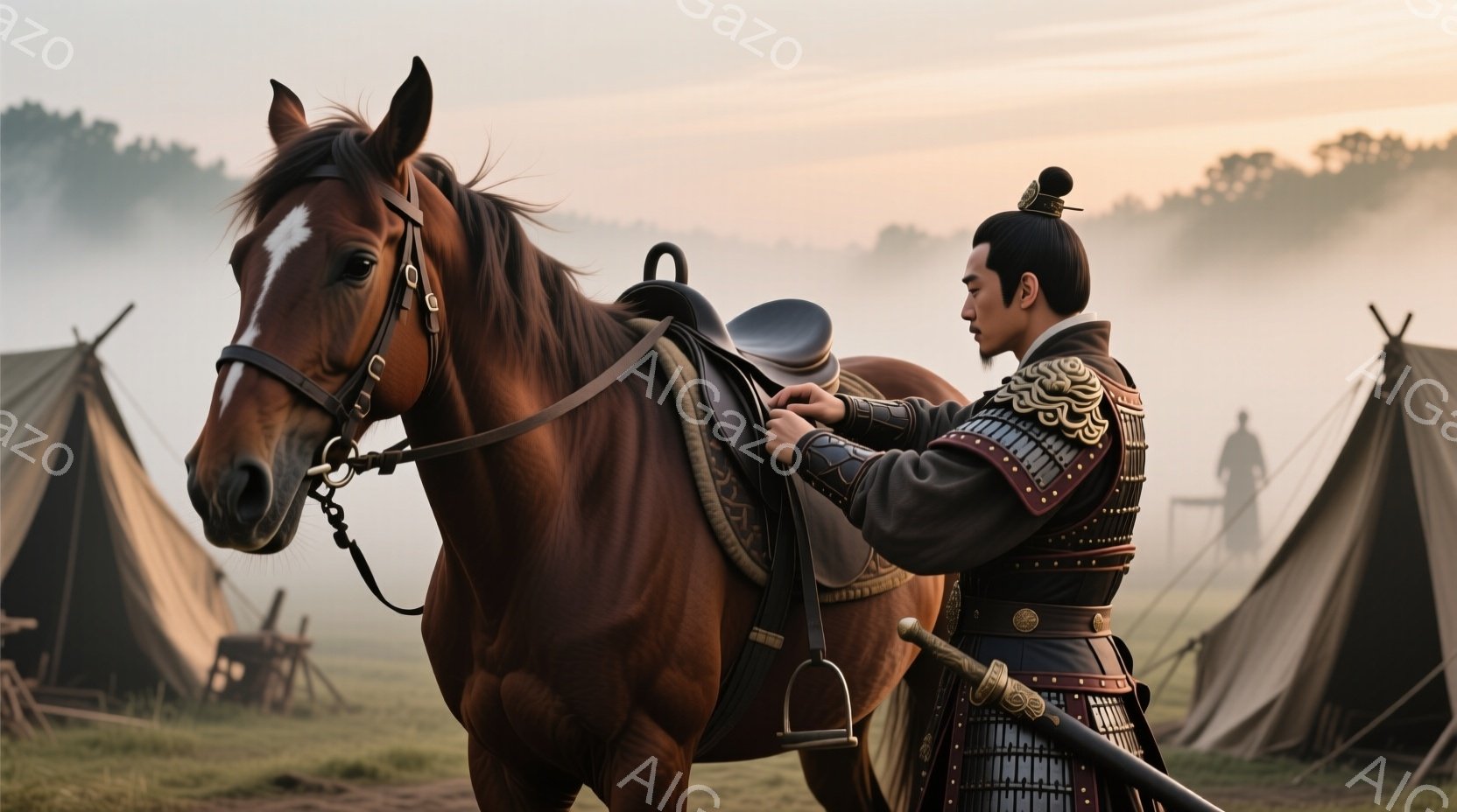 赤褐色の馬が画面の主要を占めており、手綱を握る男性は、黒色の冠角と後ろで長く結ばれた髪型で、伝統的な衣装を身に着けている。彼は装飾的な鎧を身に着け、腰には剣を携え、馬に跨る準備をしているか、または既に跨っている状態である。背景には、霧のかかった草地と数多くの軍幕が見え、戦場または軍事訓練場のような雰囲気で、全体的に厳粛で歴史的な場面が描かれている。