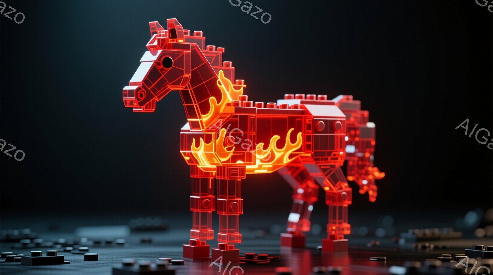 赤色のブロックで構成された馬が、暗い背景に浮かび上がっている。馬は透明感があり、内部構造が透けて見えるようなデザインで、光が内部から発光しているように見える。足元には同じ赤色のブロックが散らばっており、まるで馬がブロックでできた世界に立っているかのようである。