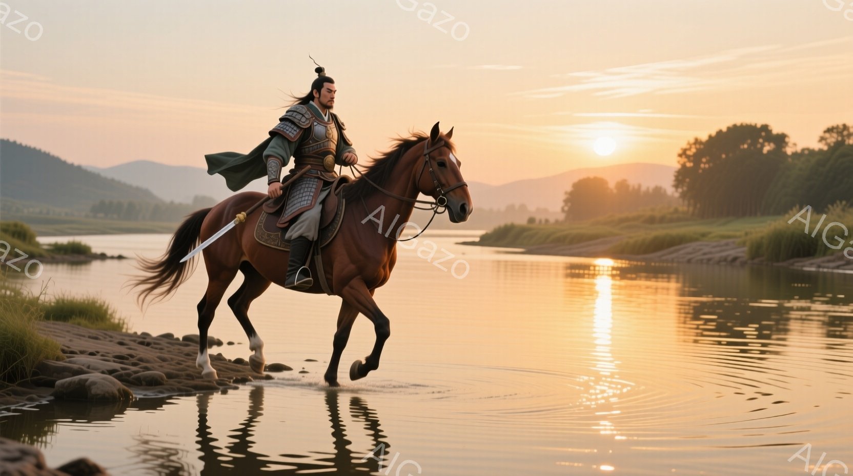 荒野を駆ける一人の武士が描かれています。緑と茶色の鎧を身につけ、長い髪を後ろで束ねた彼は、愛馬に跨り水面を疾走しています。背景には穏やかな川と夕焼けに染まる山々が広がり、武士の勇壮さと自然の雄大さが調 - AI生成フリー素材