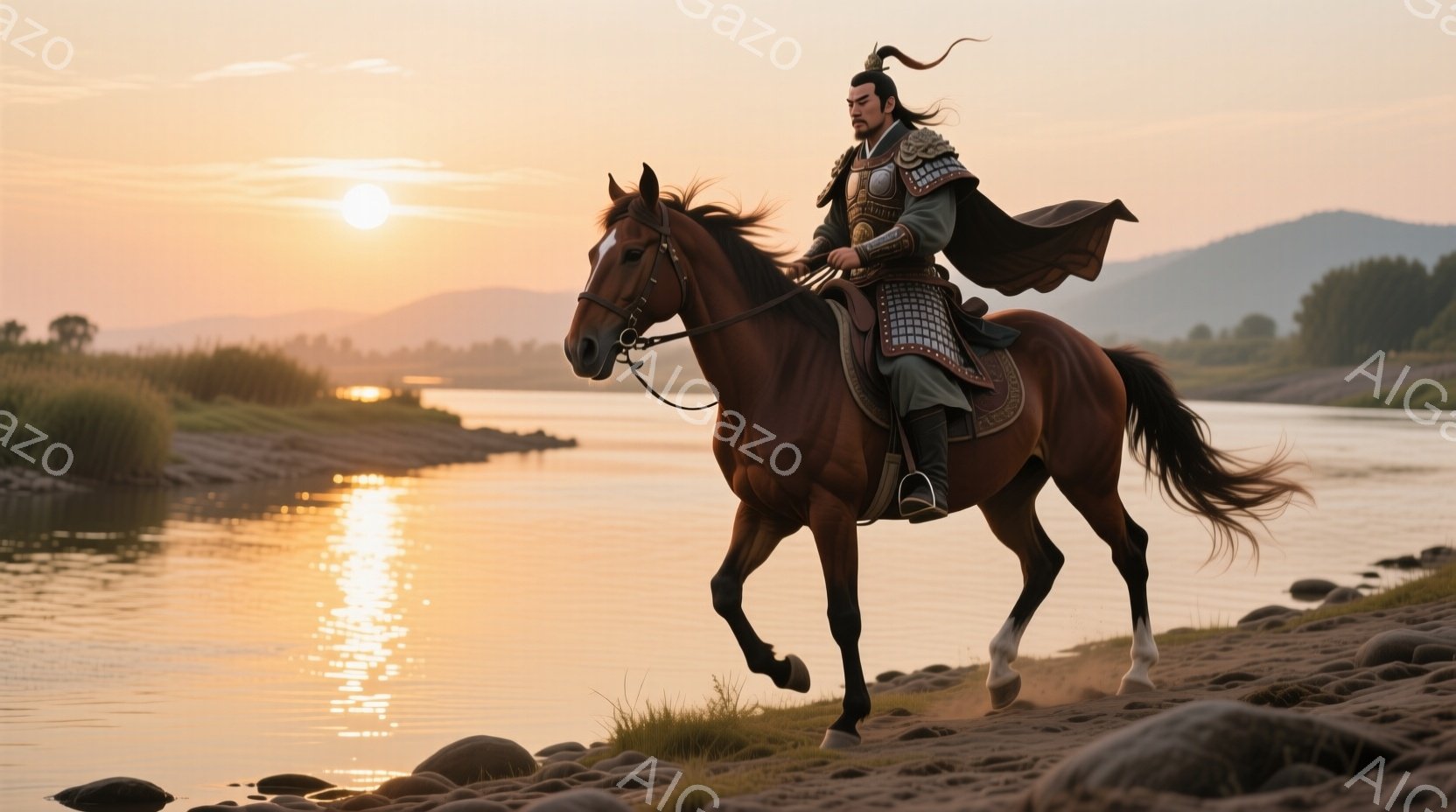 騎兵は、細長い黒髪を後ろで束ねた男性が、茶色の馬に乗って疾走している様子が描かれている。彼は、緑と茶色の鎧を身につけ、赤いマントを羽織っており、勇猛な戦士の風格を漂わせている。背景には、夕焼けに照らさ - AI生成フリー素材