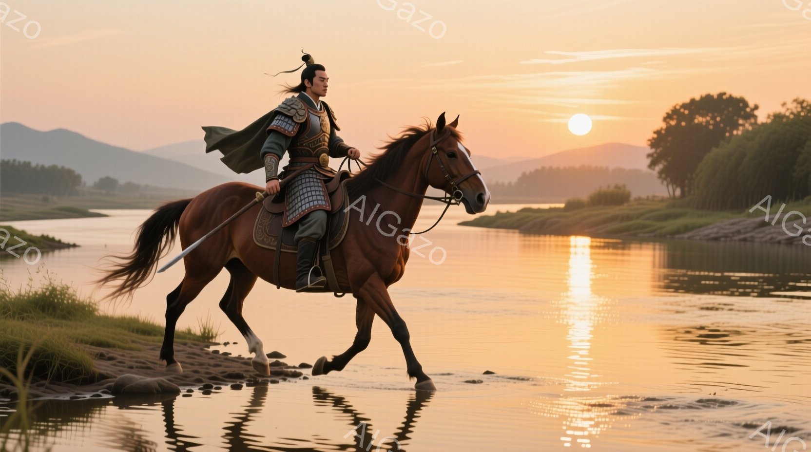 騎馬の男は、緑と茶色の鎧を身につけ、風になびく緑色の外套を羽織っている。彼の髪は後ろで結ばれ、凛々しい表情でまっすぐ前を見据えている。背景には夕焼けに照らされた川が広がり、遠くには山々が連なり、穏やかで力強い雰囲気が漂っている。