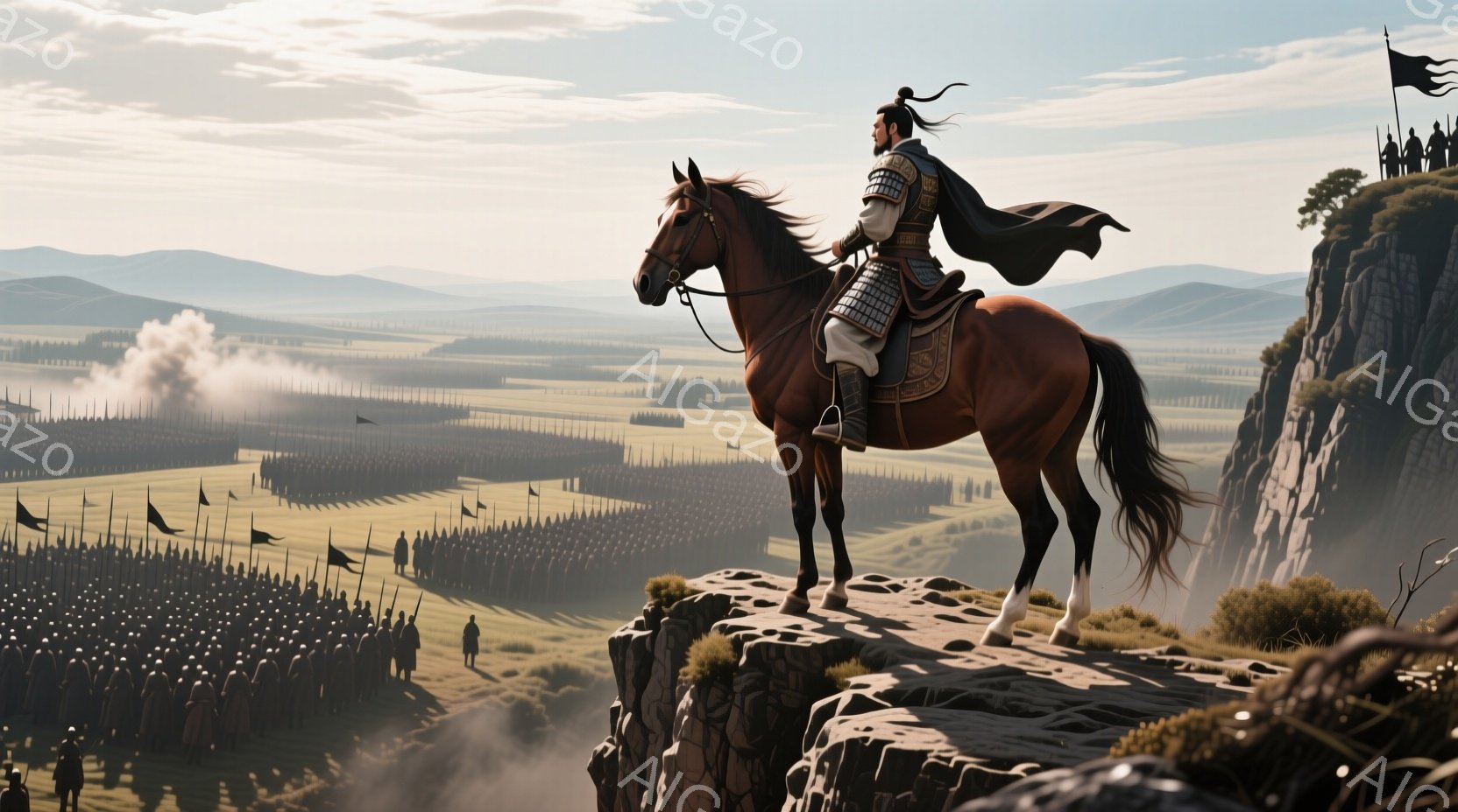 崖の上に騎乗した武将が描かれています。彼は黒い髪を後ろで束ね、肩には黒い外套を羽織り、黒と灰色の鎧を身に着けています。眼下には、旗が並び、兵士たちが密集する広大な平野が広がっており、遠くには山々が連な - AI生成フリー素材