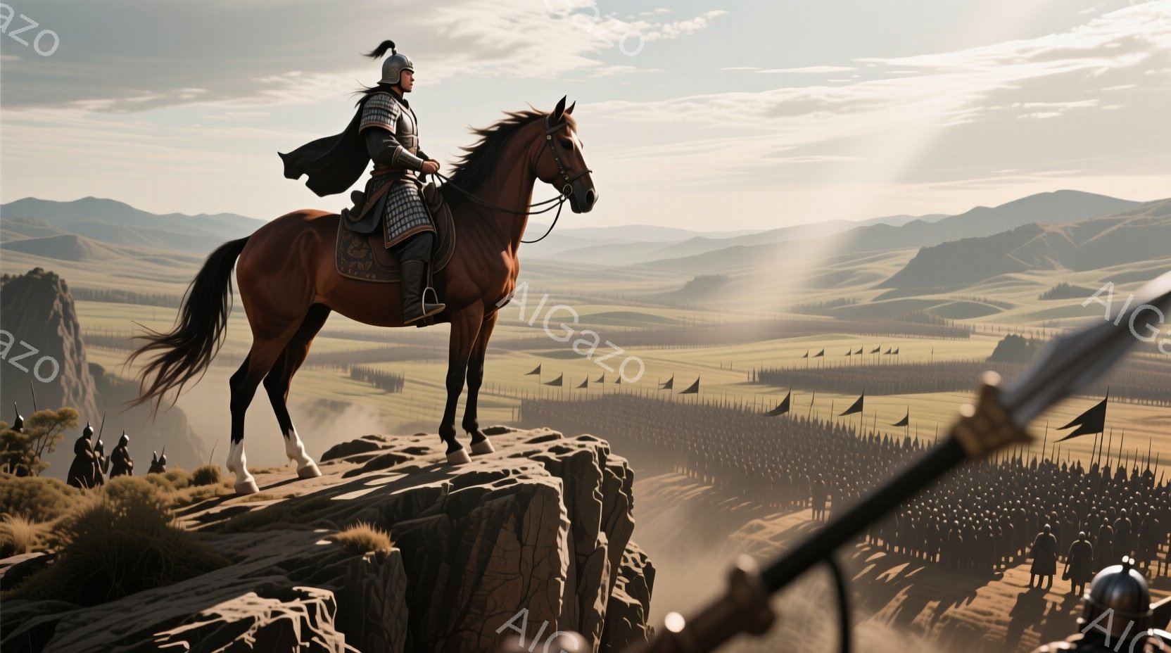 険しい崖の上に、武将が茶色の馬に乗り、遠くを見下ろしている。武将は鎧を身につけ、頭には兜をかぶり、黒髪を後ろで束ねている。背景には広大な草原と、多数の兵士たちが密集して見えるが、全体的に静かで威厳のある雰囲気が漂っている。