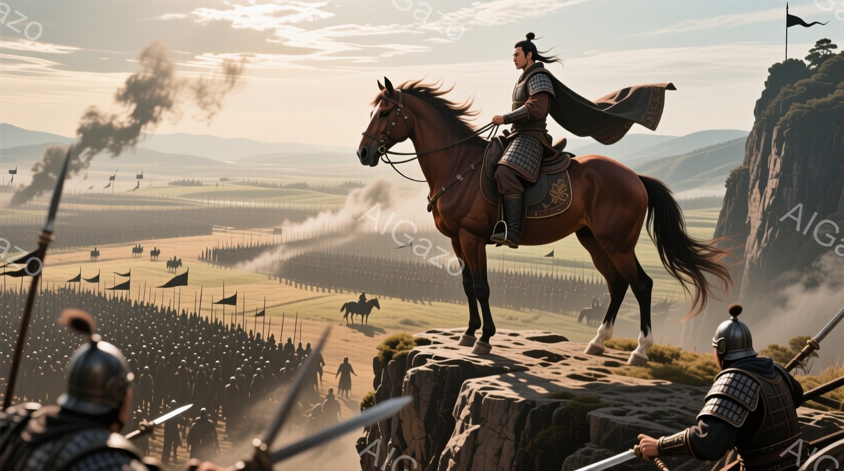 険しい崖の上に、武装した兵士に囲まれた一人の男が堂々と馬に騎乗している。彼は黒い衣装に黒い髪を後ろで結い、戦場を見下ろすように立っており、その表情は毅然としていて自信に満ち溢れている。背景には広大な平原に広がる軍勢と、遠くに見える山々が広がり、夕焼けのような光が全体を照らし、厳粛で壮大な雰囲気を醸し出している。