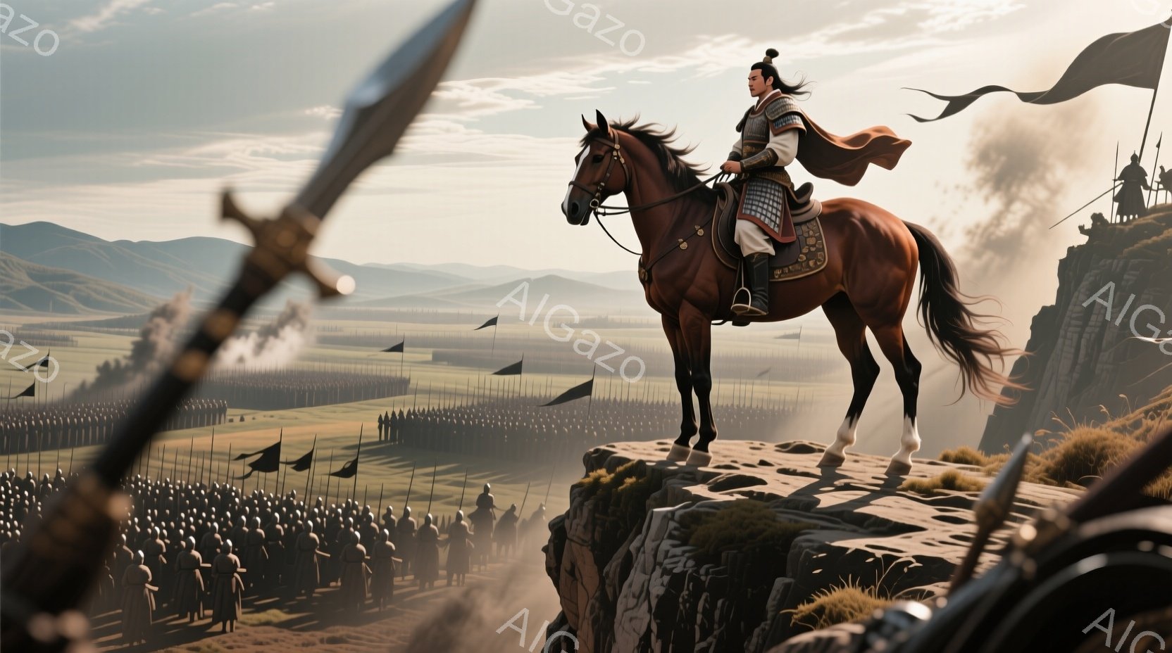 荒野の崖の上に、甲冑を身に着けた一人の男が馬に乗って立っている。彼は黒髪を後ろで束ね、青い鎧と赤いマントを身につけ、遠くの軍勢を見下ろしている。背景には、霧に包まれた平原と、数多くの旗が並ぶ軍隊が広がり、緊迫感と威厳に満ちた雰囲気を作り出している。