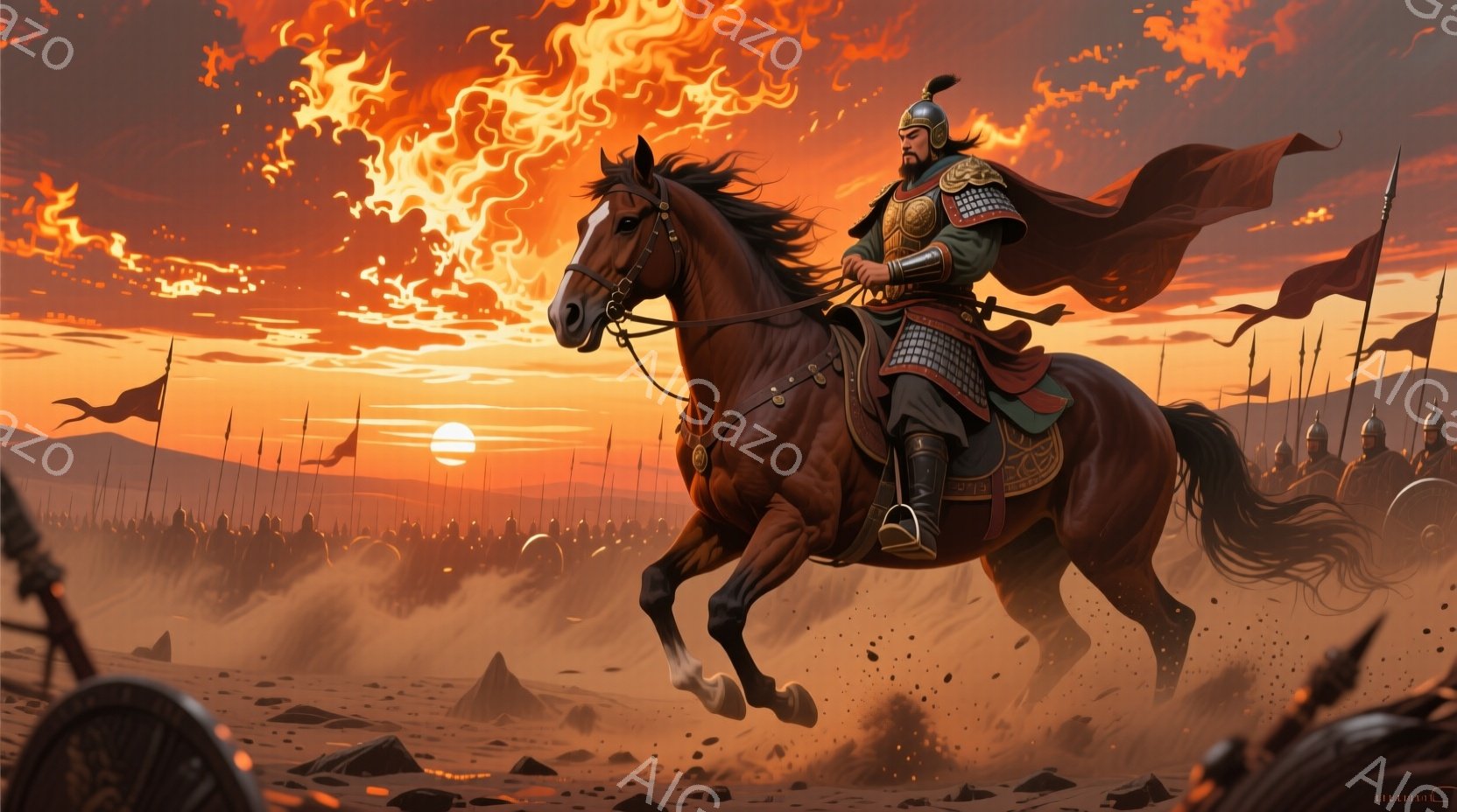 燃えるような夕焼けを背景に、武装した兵士が乗った栗色の馬が疾走している。兵士は伝統的な鎧を身につけ、頭には飾りを付けた兜を被り、威厳のある表情を浮かべている。馬は力強く大地を蹴り上げ、その背後には無数の兵士たちが旗を掲げ、戦場へと向かっている様子が描かれている。