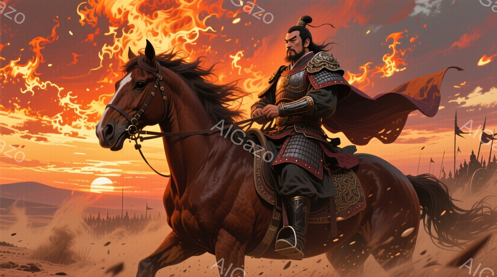 燃え盛る夕焼けを背景に、武将が堂々と馬に乗って疾走している。黒い長髪を後ろで束ね、黒と赤の鎧を身にまとい、威厳に満ちた表情を浮かべている。戦場らしき荒野には、遠くに見える旗や兵士が確認でき、激しい戦い - AI生成フリー素材