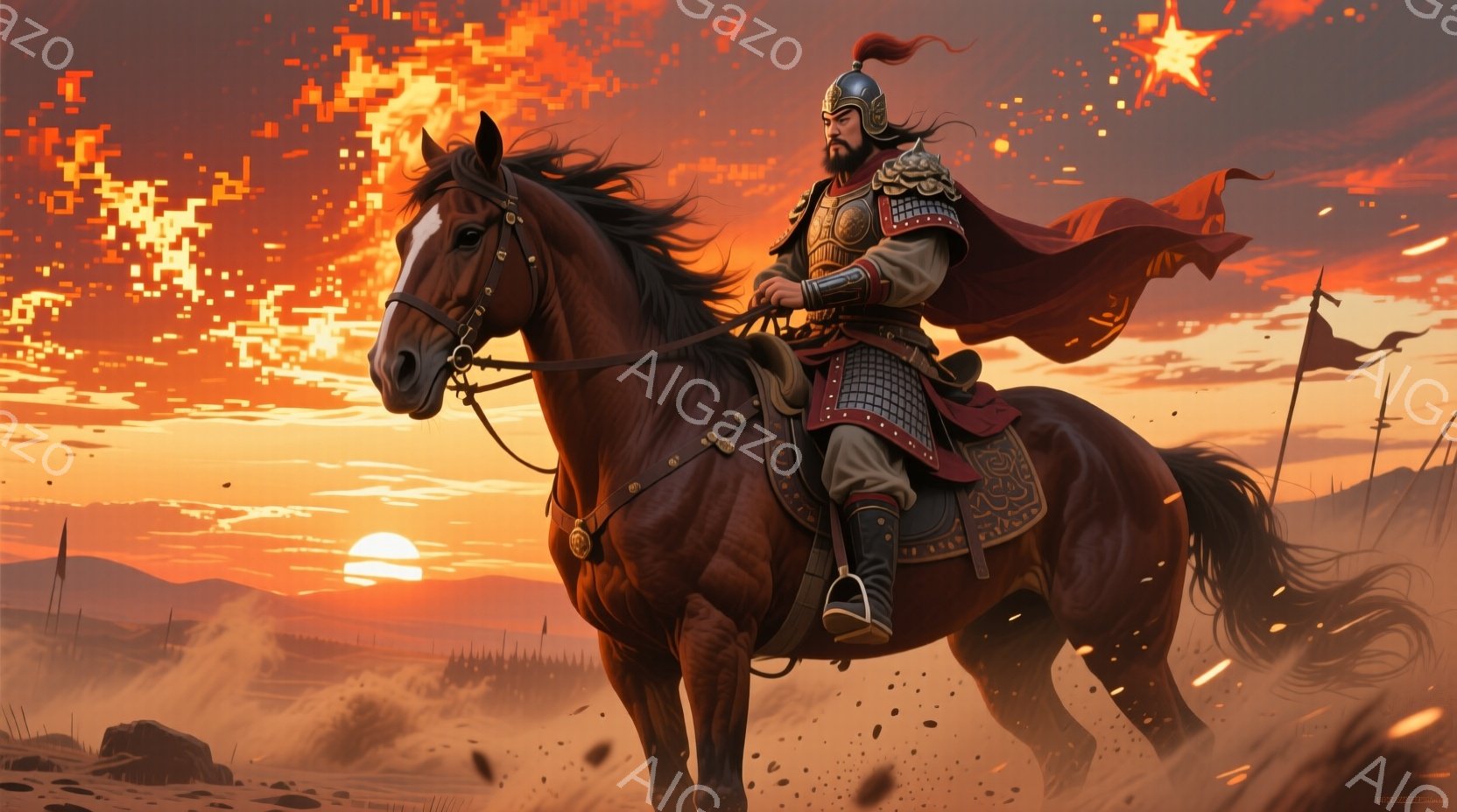 荒野を疾走する騎馬の戦士が描かれている。彼は装飾的な鎧を身につけ、赤と金色の衣装をまとい、長く黒い髪を後ろで束ねている。背景には夕焼けの空と、遠くに見える旗が立ち並び、力強く、勇ましい雰囲気が漂っている。