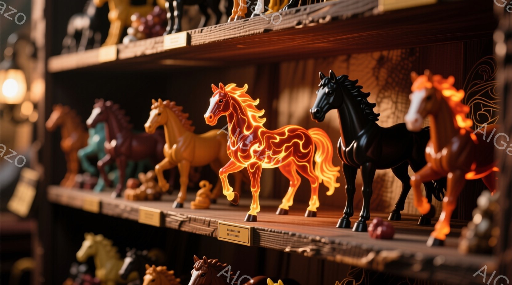 複数の馬の置物が棚に並べられている様子が捉えられている。中央には炎のような模様が施されたオレンジ色の馬と、黒色の馬が特に目立ち、周囲には様々な色合いの馬の置物が密集している。背景は暗く、アンティーク調の店内のような雰囲気で、置物たちが温かい光に照らされている。