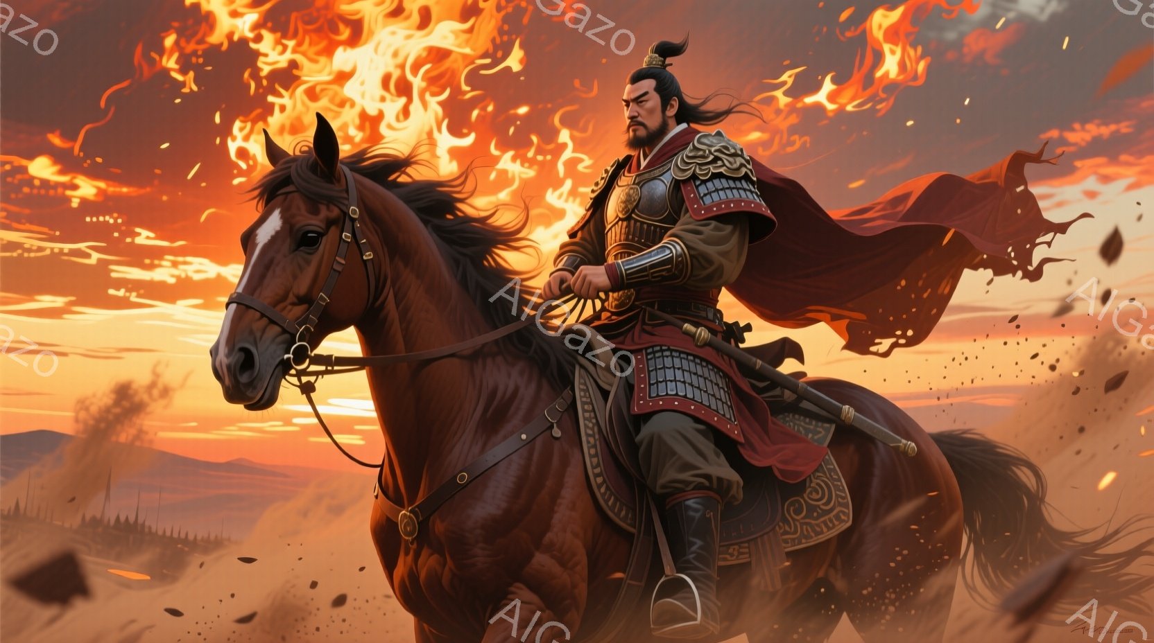 鮮やかな夕焼けを背景に、甲冑を身につけた武将が馬に乗って疾走している。武将は黒い髪を後ろで束ね、厳格な表情で前を見据えている。背景にはぼんやりとした建物と荒野が広がり、まるで戦乱の世を駆け抜ける英雄のようだ。